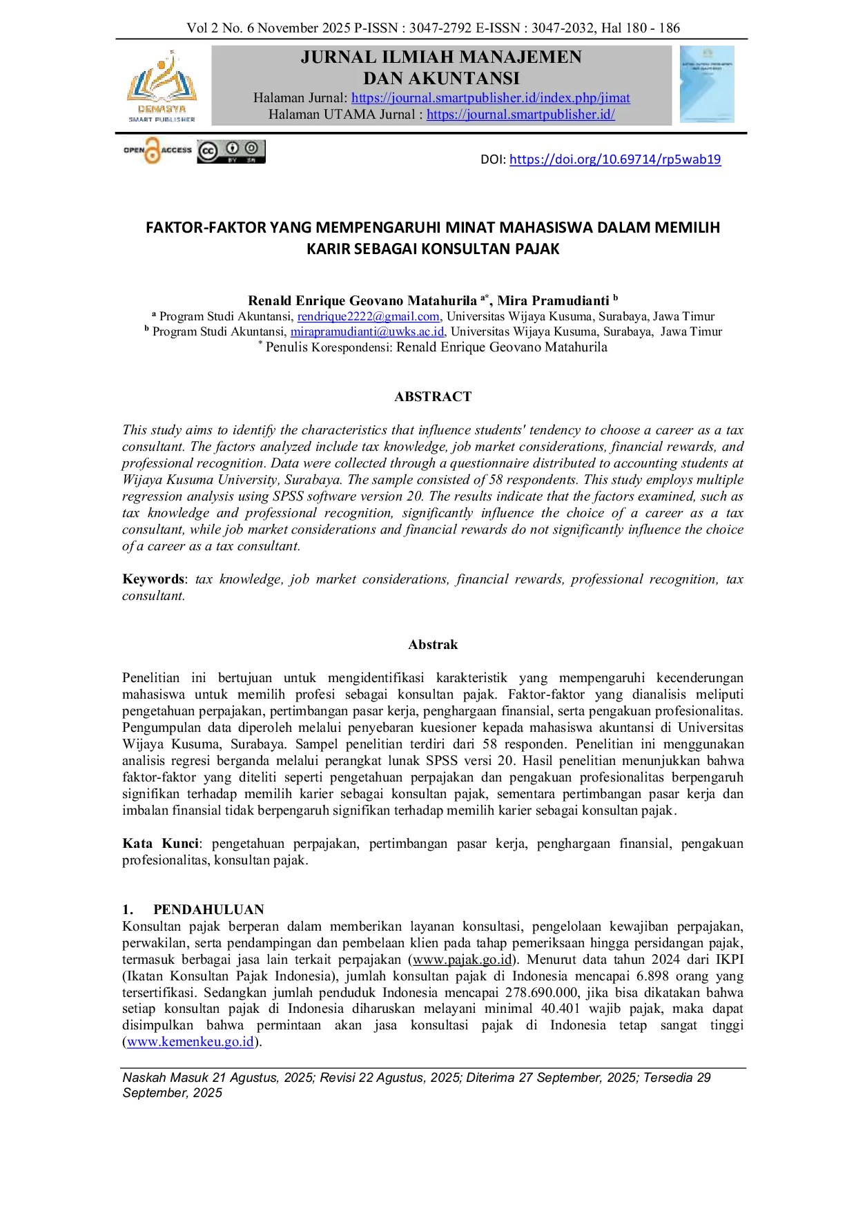 JURIS Faktor Faktor yang Mempengaruhi Minat Mahasiswa dalam Memilih Karir sebagai Konsultan Pajak