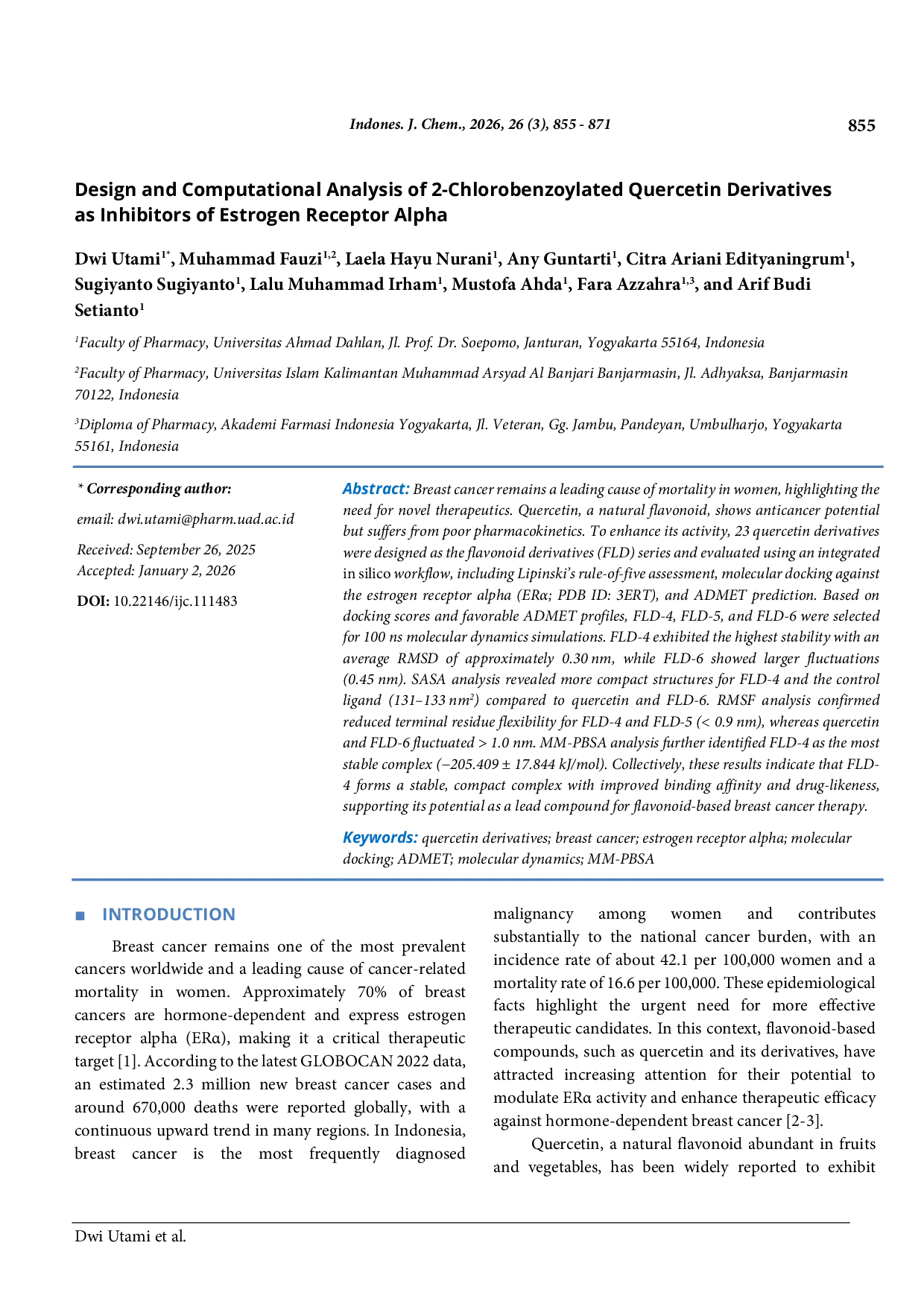 JURIS Design and Computational Analysis of 2 Chlorobenzoylated Quercetin Derivatives as Inhibitors of Estrogen Receptor Alpha