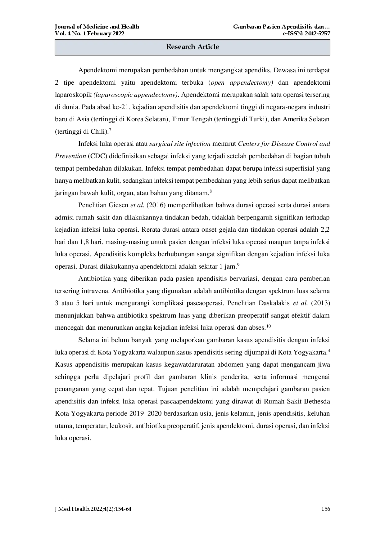 juris An Overview of Patients of Appendicitis and Surgical Site Infection Postappendectomy at Bethesda Hospital Yogyakarta Period 2019 2020