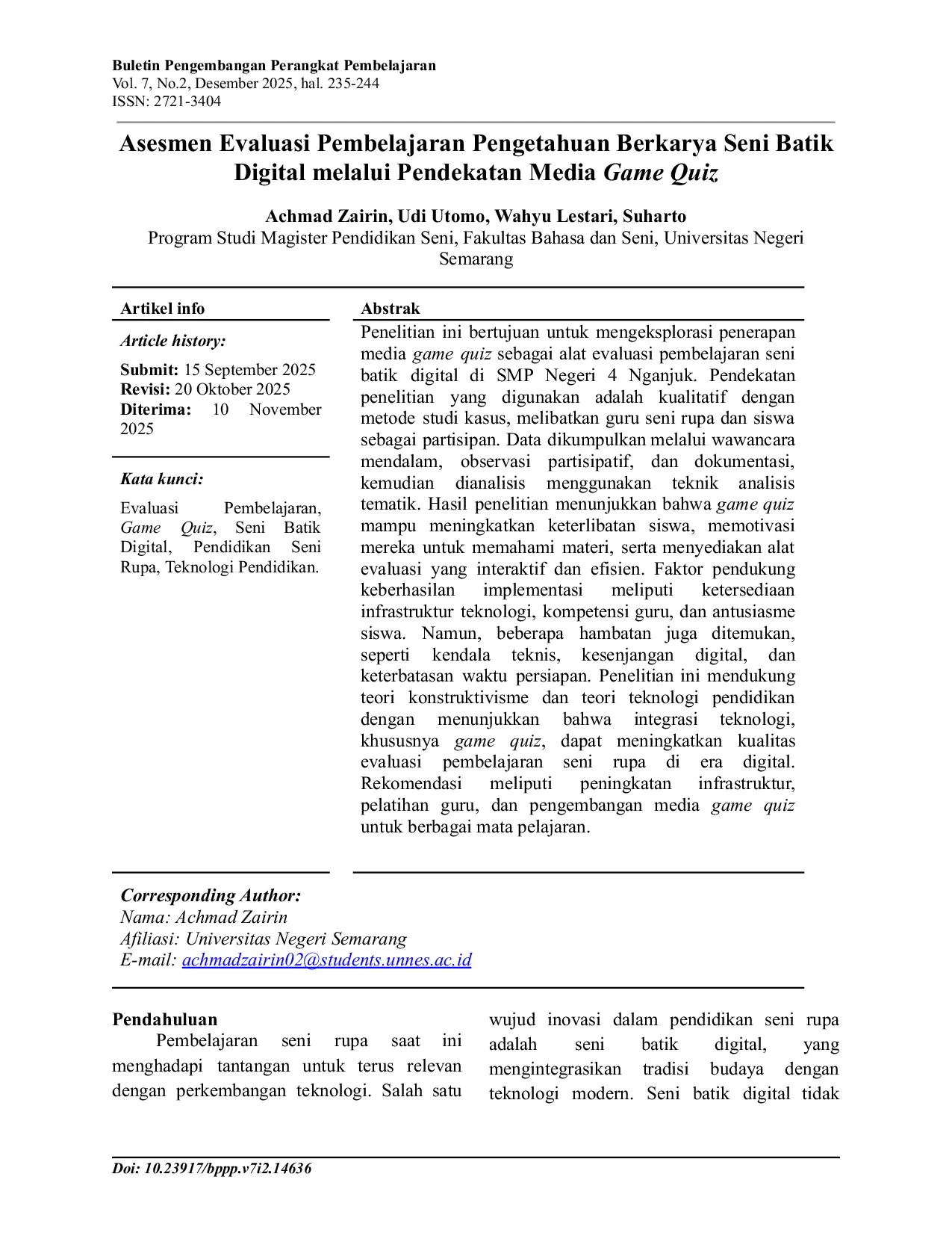 JURIS Asesmen Evaluasi Pembelajaran Pengetahuan Berkarya Seni Batik Digital melalui Pendekatan Media Game Quiz