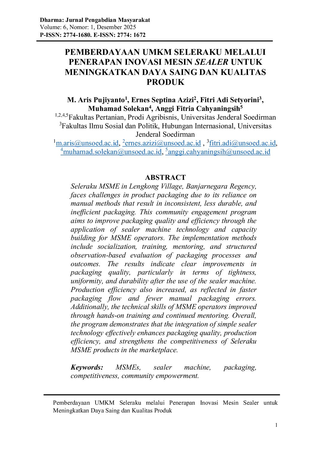 JURIS Pemberdayaan UMKM Seleraku Melalui Penerapan Inovasi Mesin Sealer Untuk Meningkatkan Daya Saing Dan Kualitas Produk