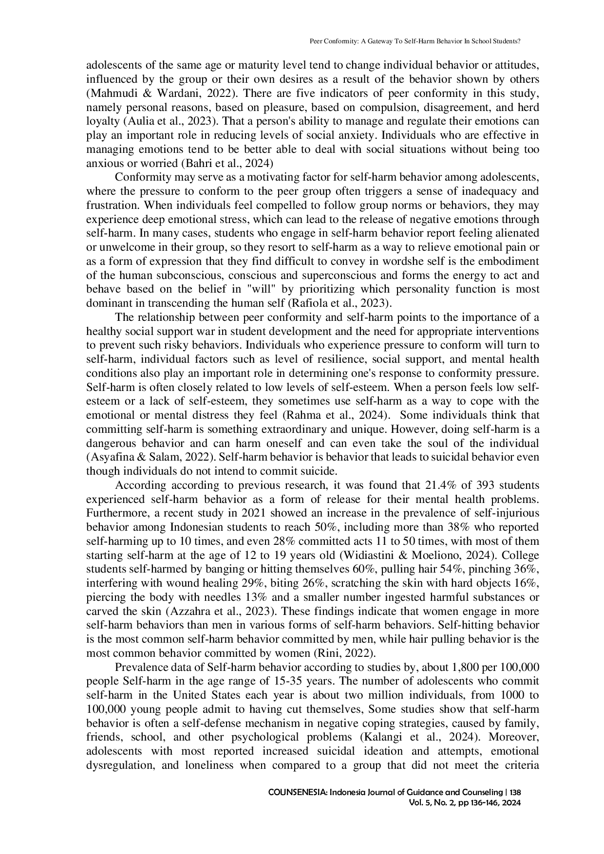 JURIS Peer Conformity A Gateway To Self Harm Behavior In School Students