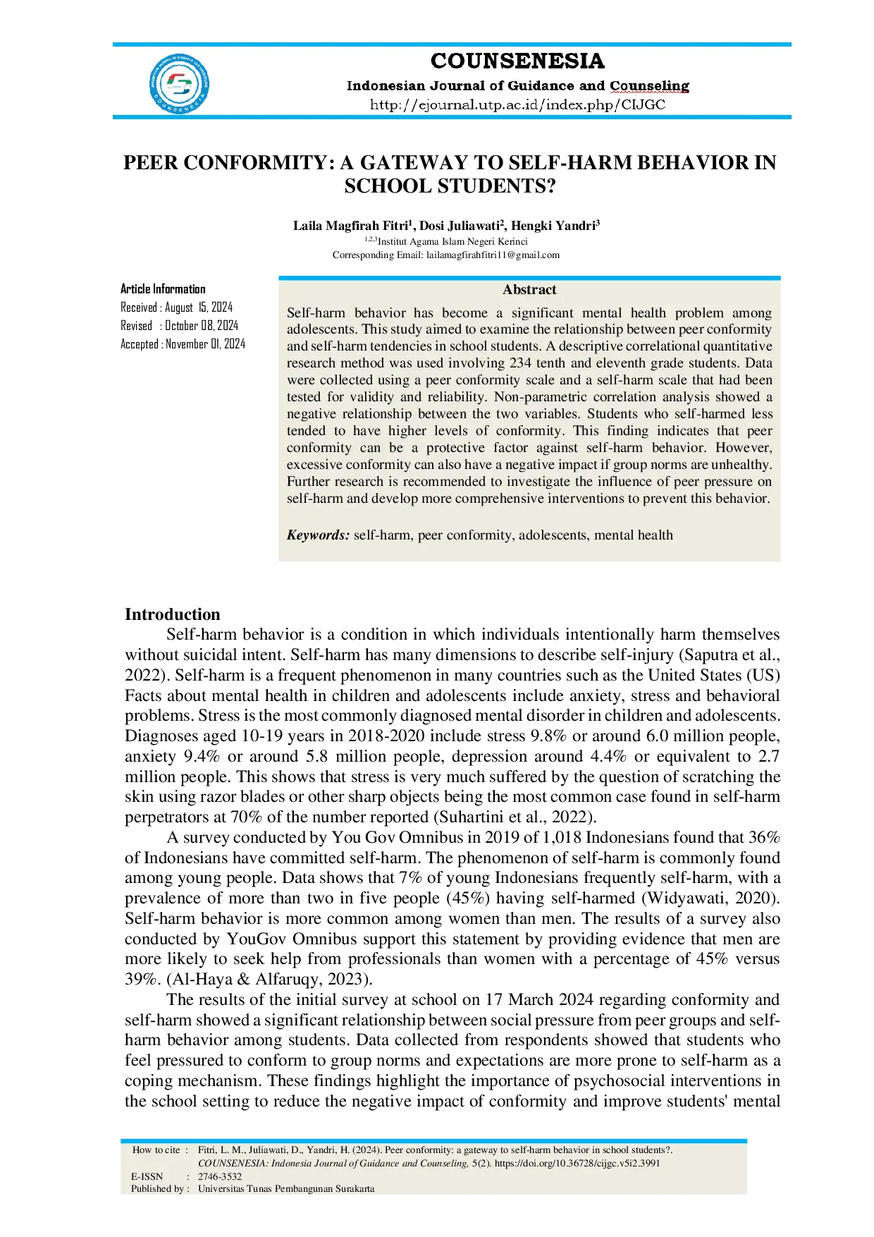 JURIS Peer Conformity A Gateway To Self Harm Behavior In School Students