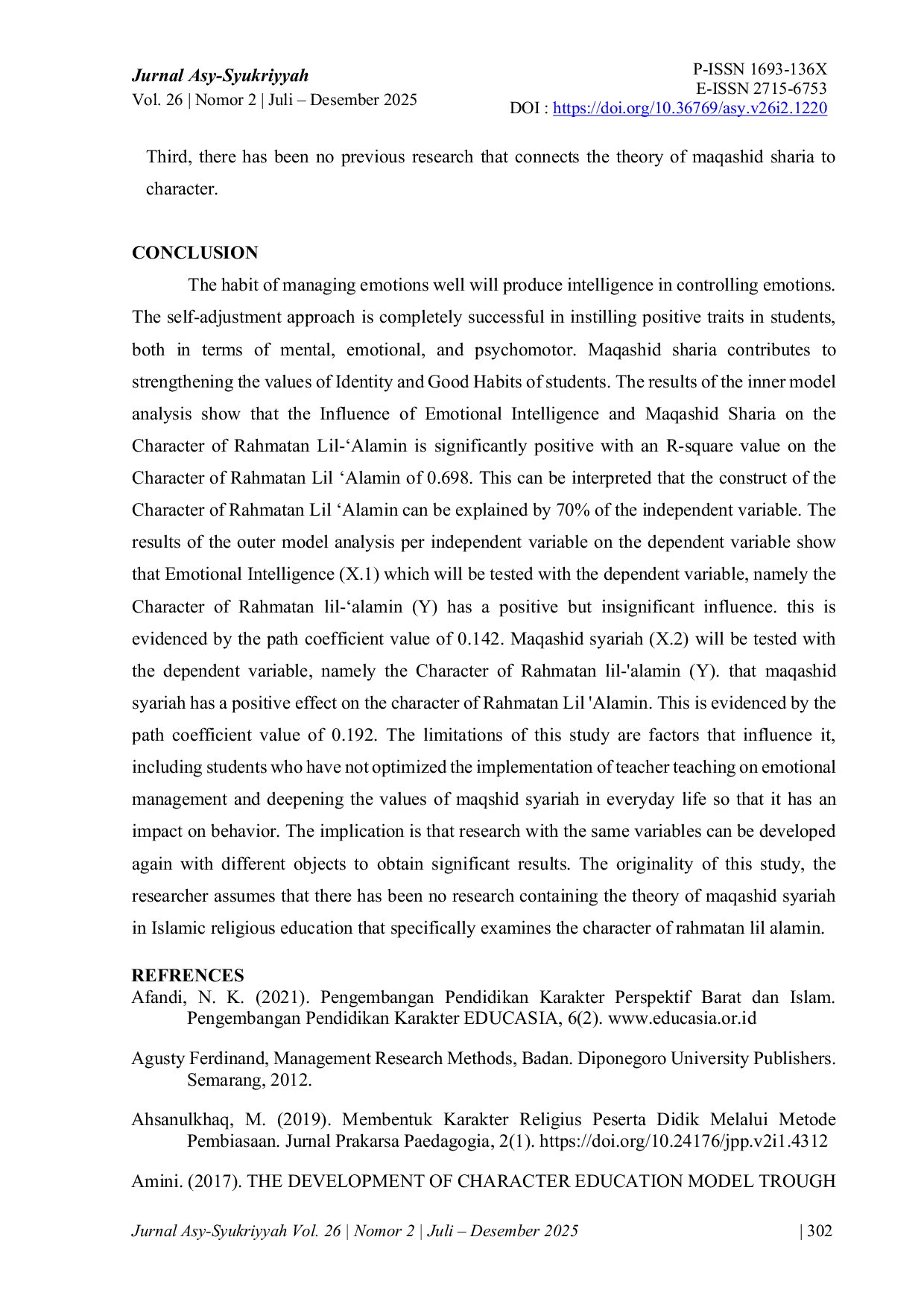 JURIS The Influence of Emotional Quotient and Maqashid Syariah on the Character of Rahmatan LilAc Alamin