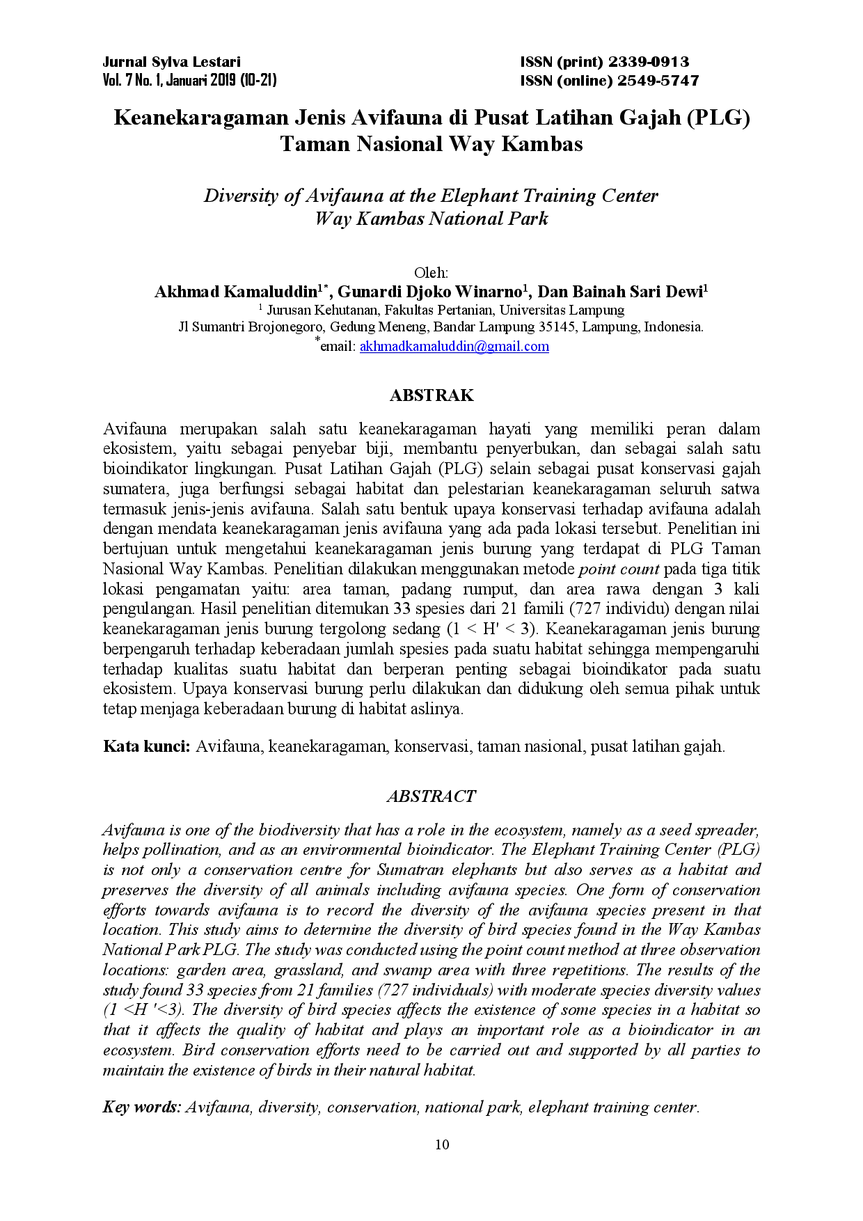 juris Keanekaragaman Jenis Avifauna di Pusat Latihan Gajah PLG Taman Nasional Way Kambas Diversity of Avifauna at the Elephant Training Center Way Kambas National Park