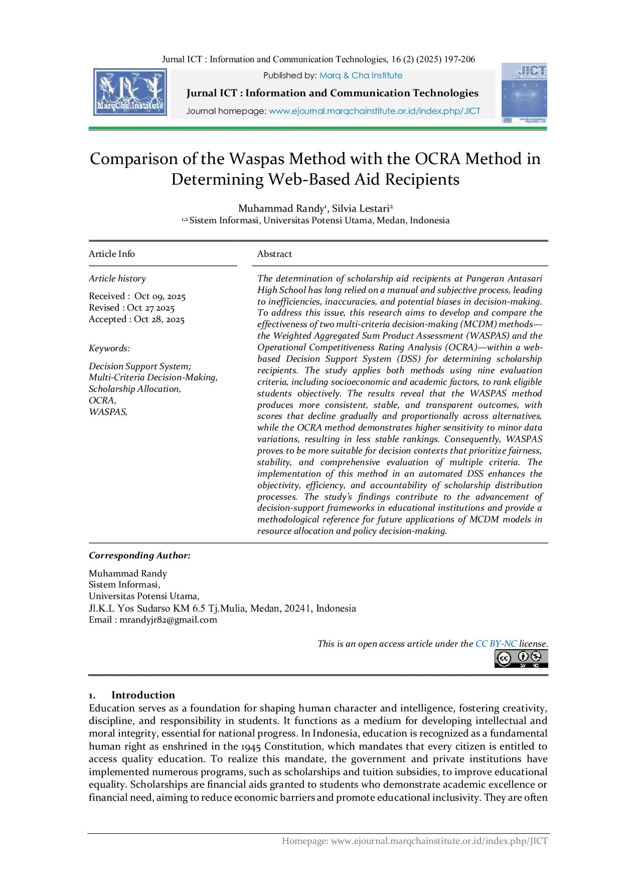 JURIS Comparison of the Waspas Method with the OCRA Method in Determining Web Based Aid Recipients