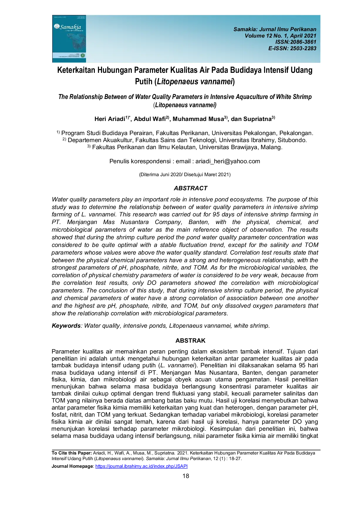 JURIS Keterkaitan Hubungan Parameter Kualitas Air Pada Budidaya Intensif Udang Putih Litopenaeus vannamei