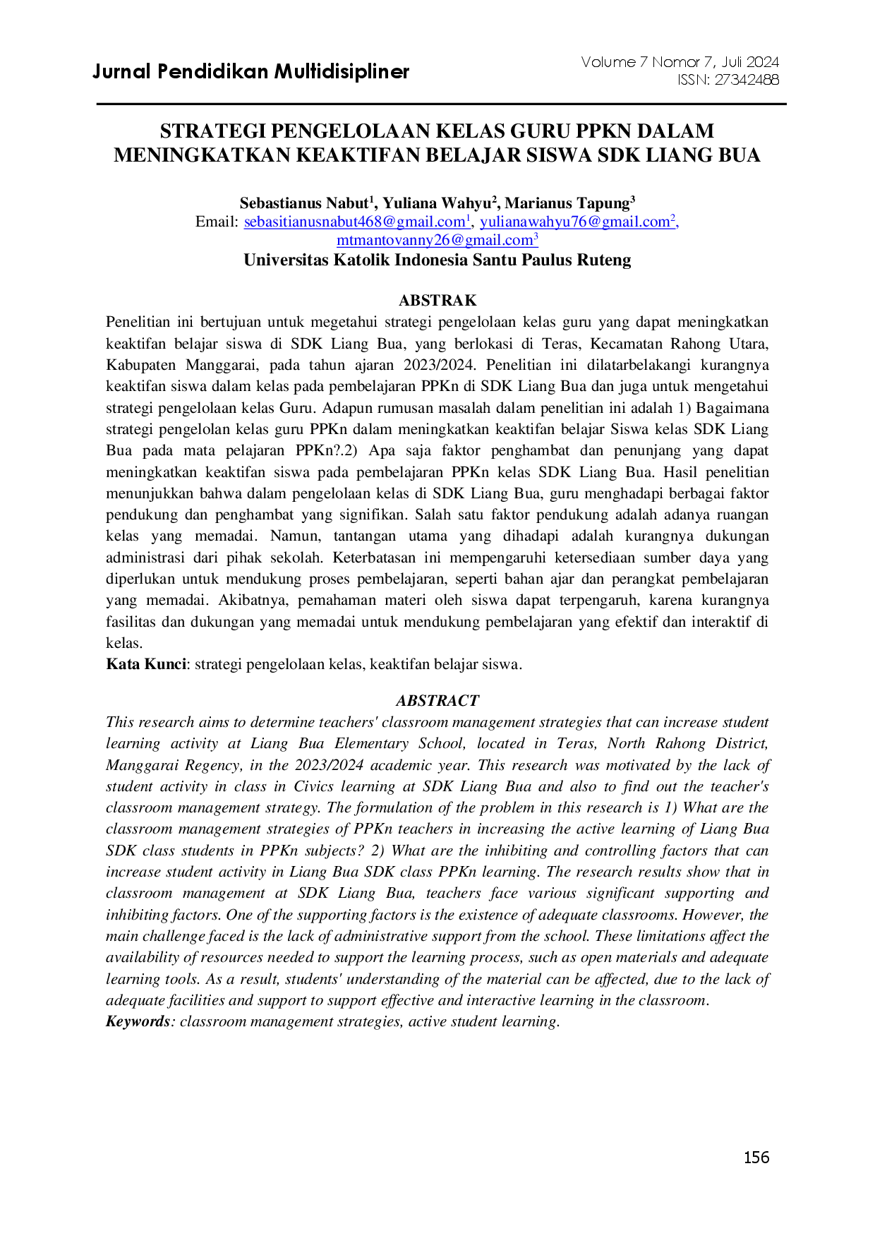juris STRATEGI PENGELOLAAN KELAS GURU PPKn DALAM MENINGKATKAN KEAKTIFAN BELAJAR SISWA SDK LIANG BUA