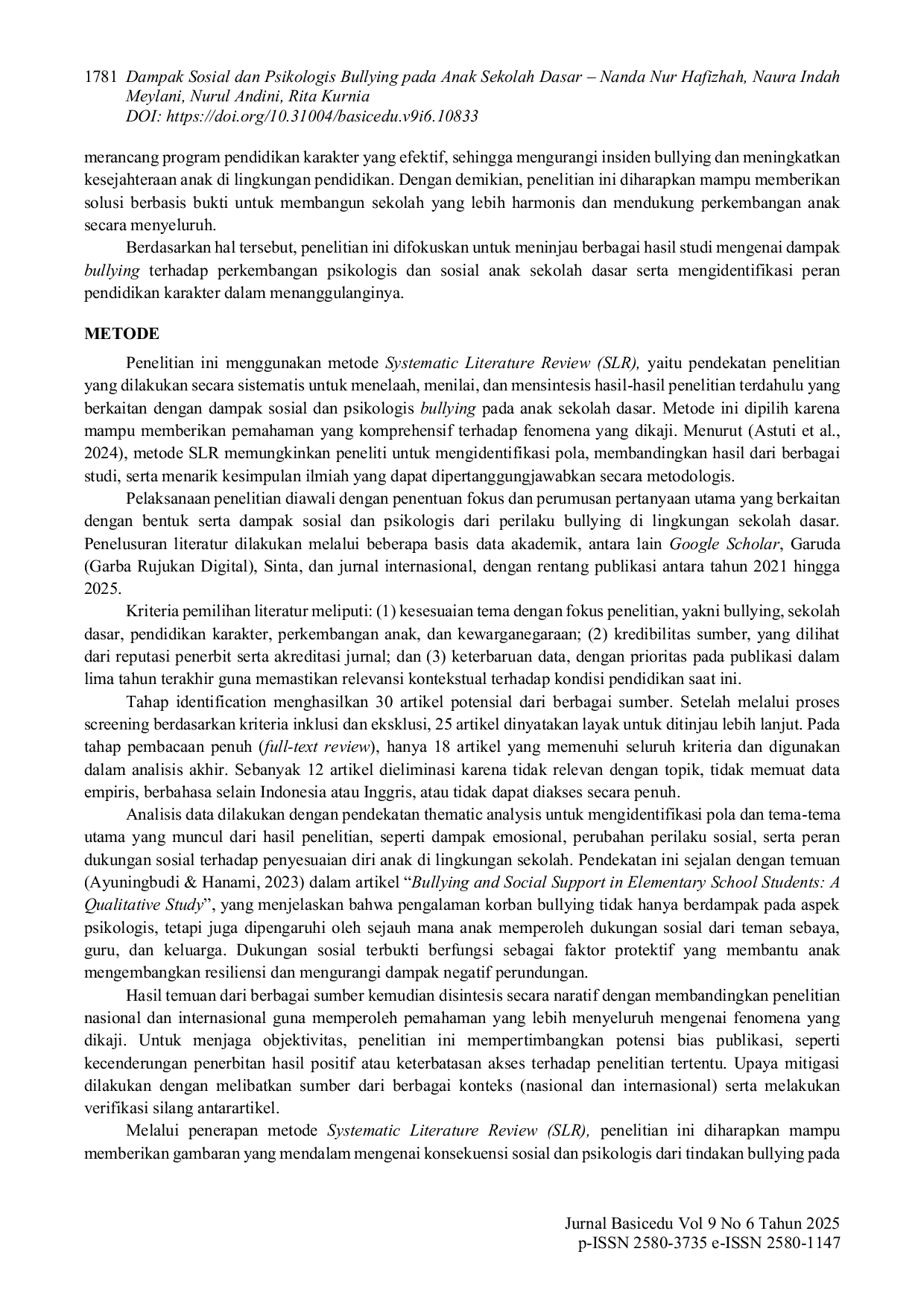 JURIS Dampak Sosial dan Psikologis Bullying pada Anak Sekolah Dasar