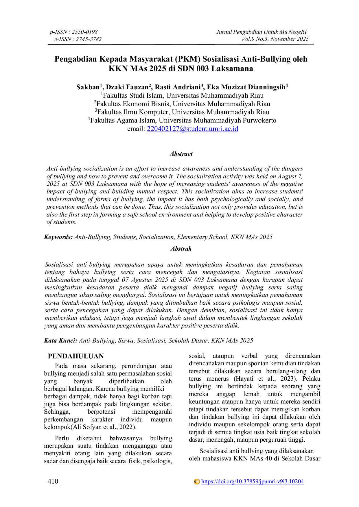 JURIS Pengabdian Kepada Masyarakat PKM Sosialisasi Anti Bullying oleh KKN MAs 2025 di SDN 003 Laksamana