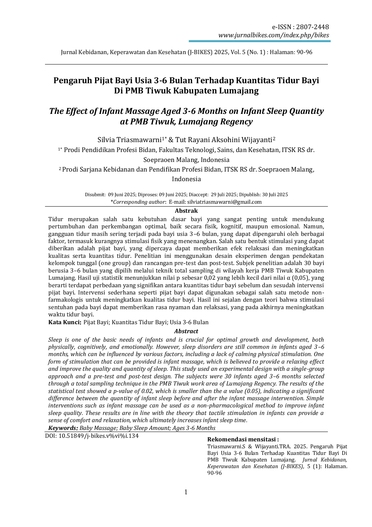 JURIS Pengaruh Pijat Bayi Usia 3 6 Bulan Terhadap Kuantitas Tidur Bayi Di PMB Tiwuk Kabupaten Lumajang