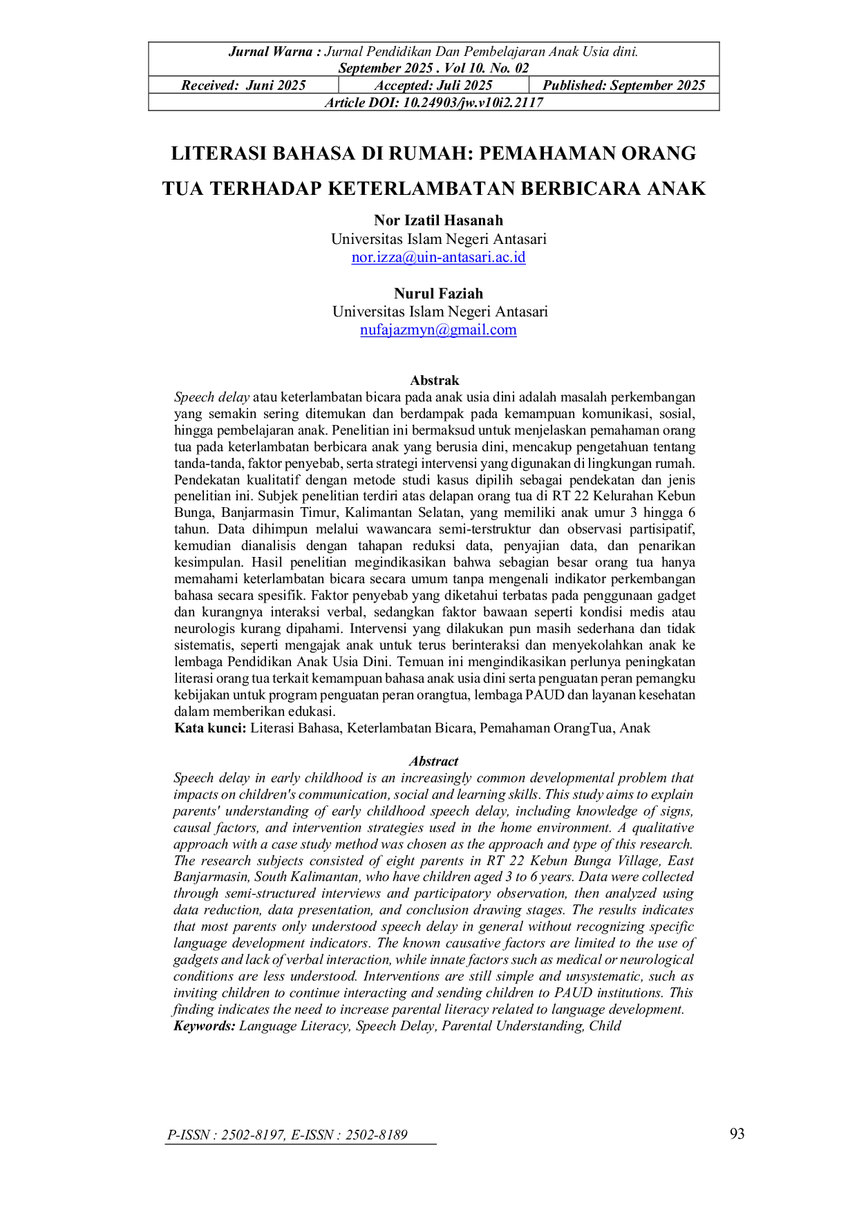 JURIS Literasi Bahasa Di Rumah Pemahaman Orang Tua Terhadap Keterlambatan Berbicara Anak