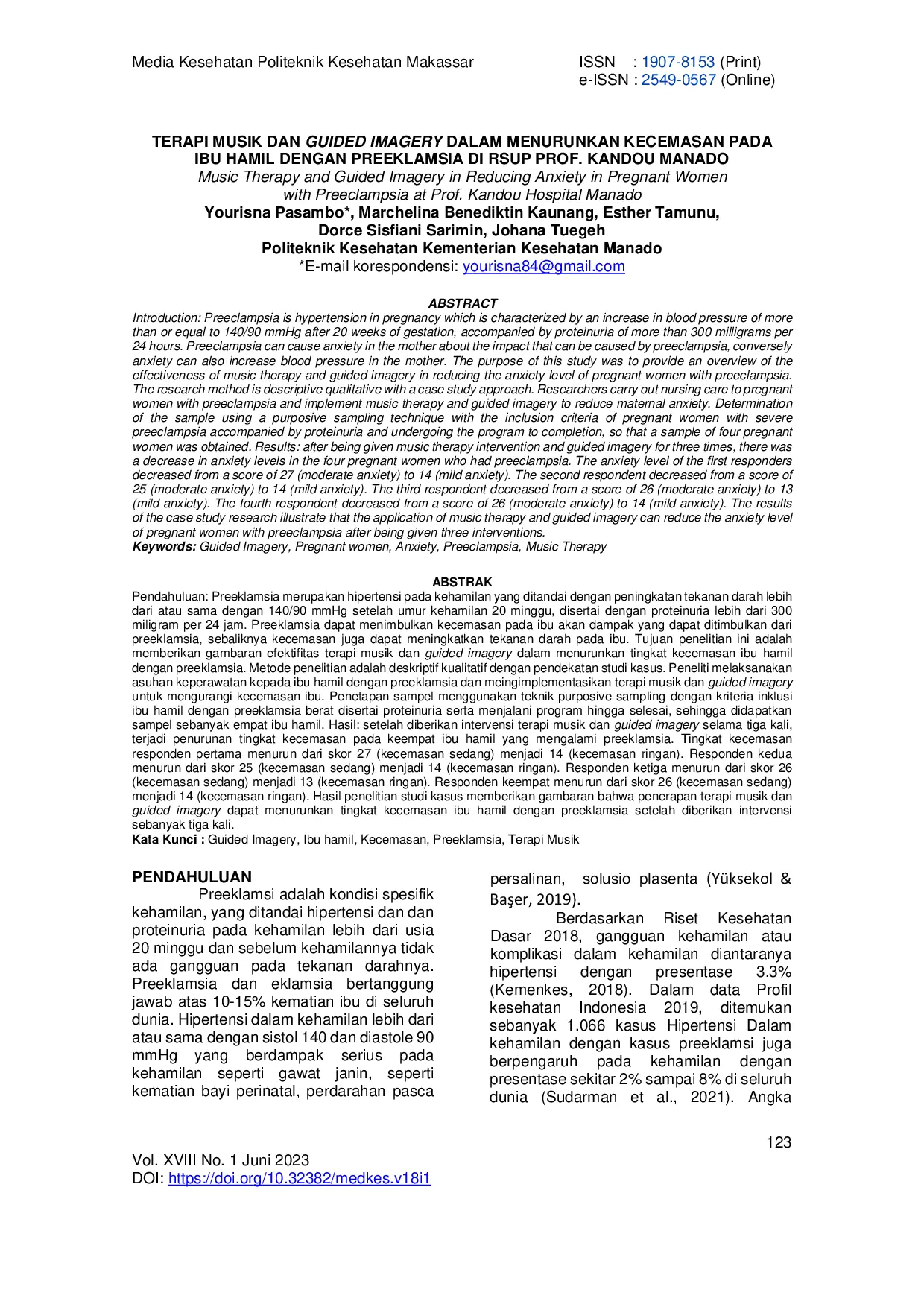 JURIS Terapi Musik dan Guided Imagery Dalam Menurunkan Kecemasan Pada Ibu Hamil Dengan Preeklamsia Di RSUP Prof Kandou Manado