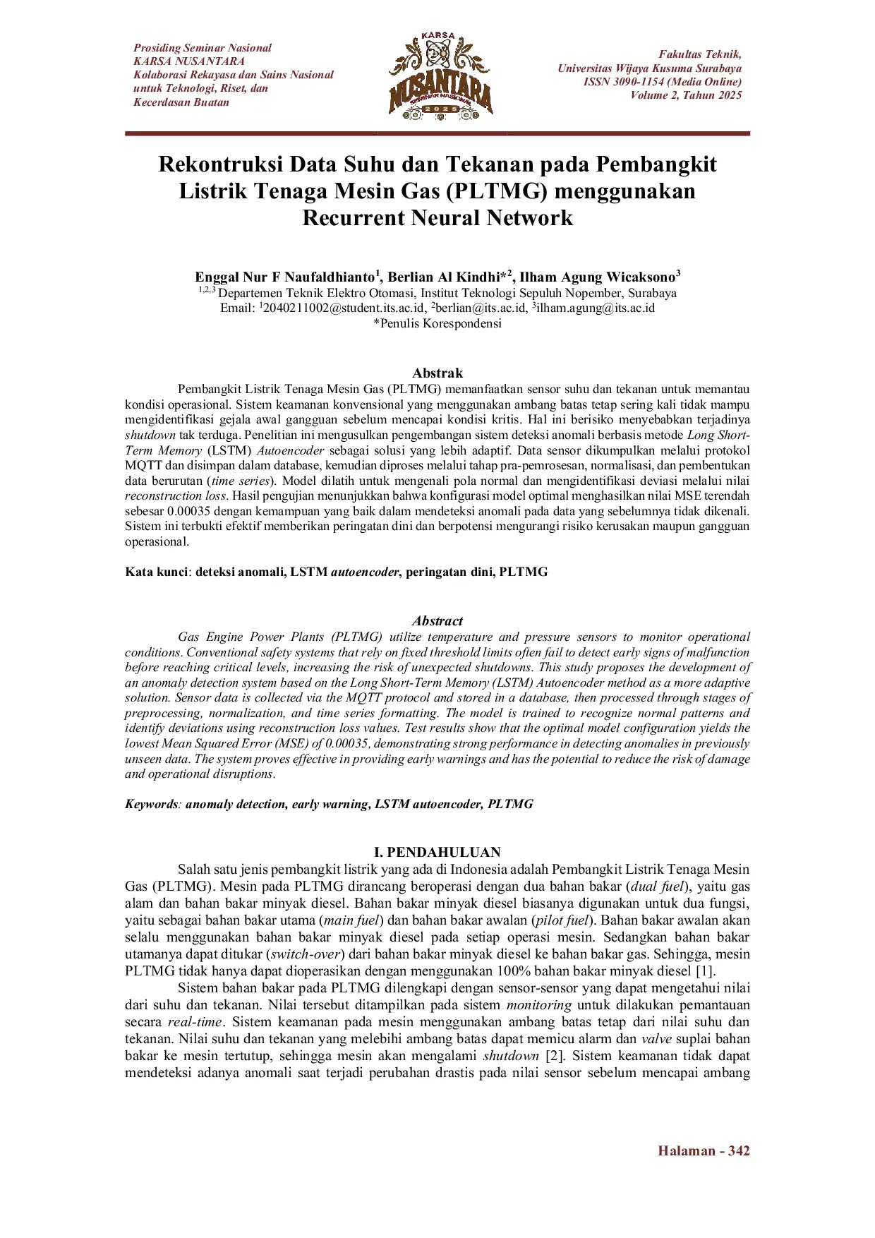 JURIS Rekontruksi Data Suhu dan Tekanan pada Pembangkit Listrik Tenaga Mesin Gas PLTMG menggunakan Recurrent Neural Network
