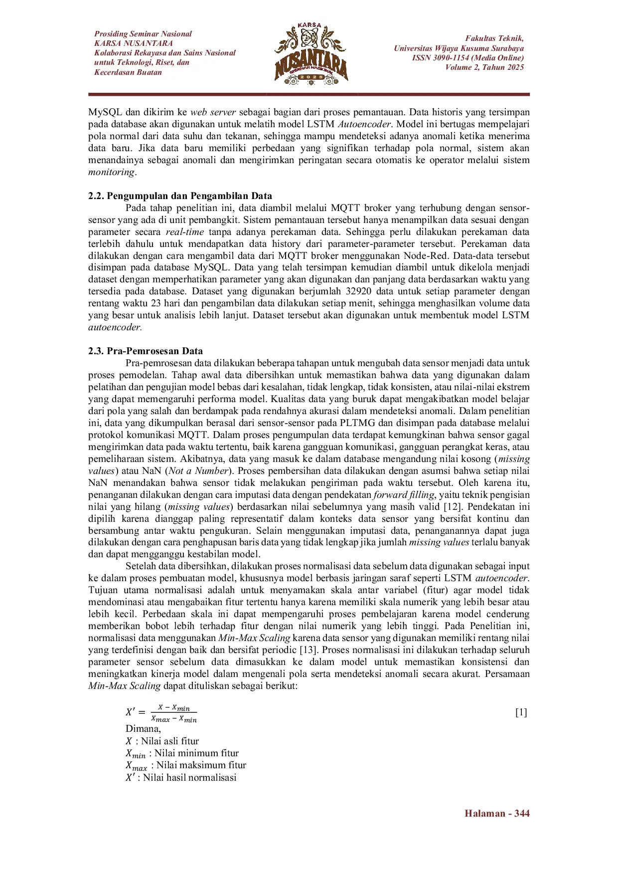 JURIS Rekontruksi Data Suhu dan Tekanan pada Pembangkit Listrik Tenaga Mesin Gas PLTMG menggunakan Recurrent Neural Network