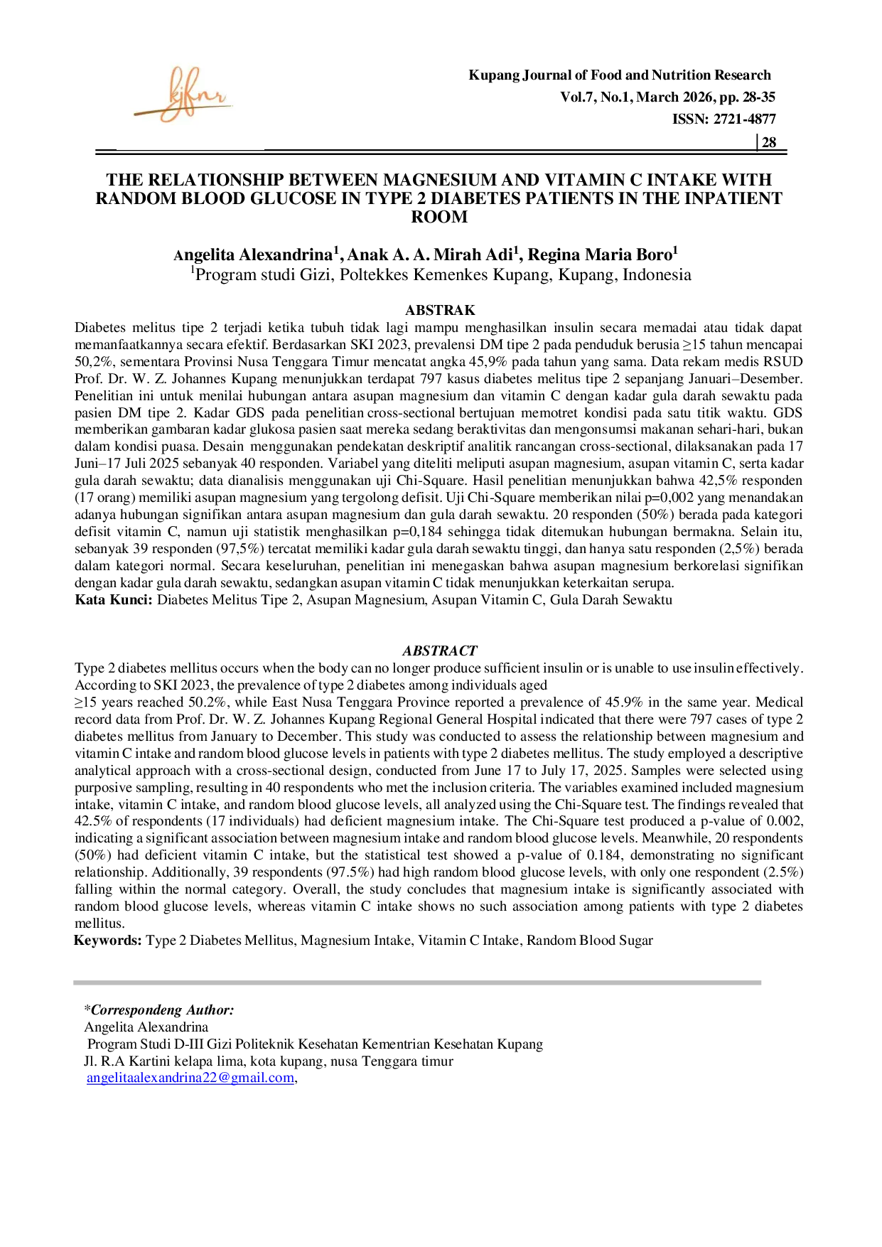 JURIS The Relationship Between Magnesium And Vitamin C Intake With Random Blood Glucose In Type 2 Diabetes Patients In The Inpatient Room
