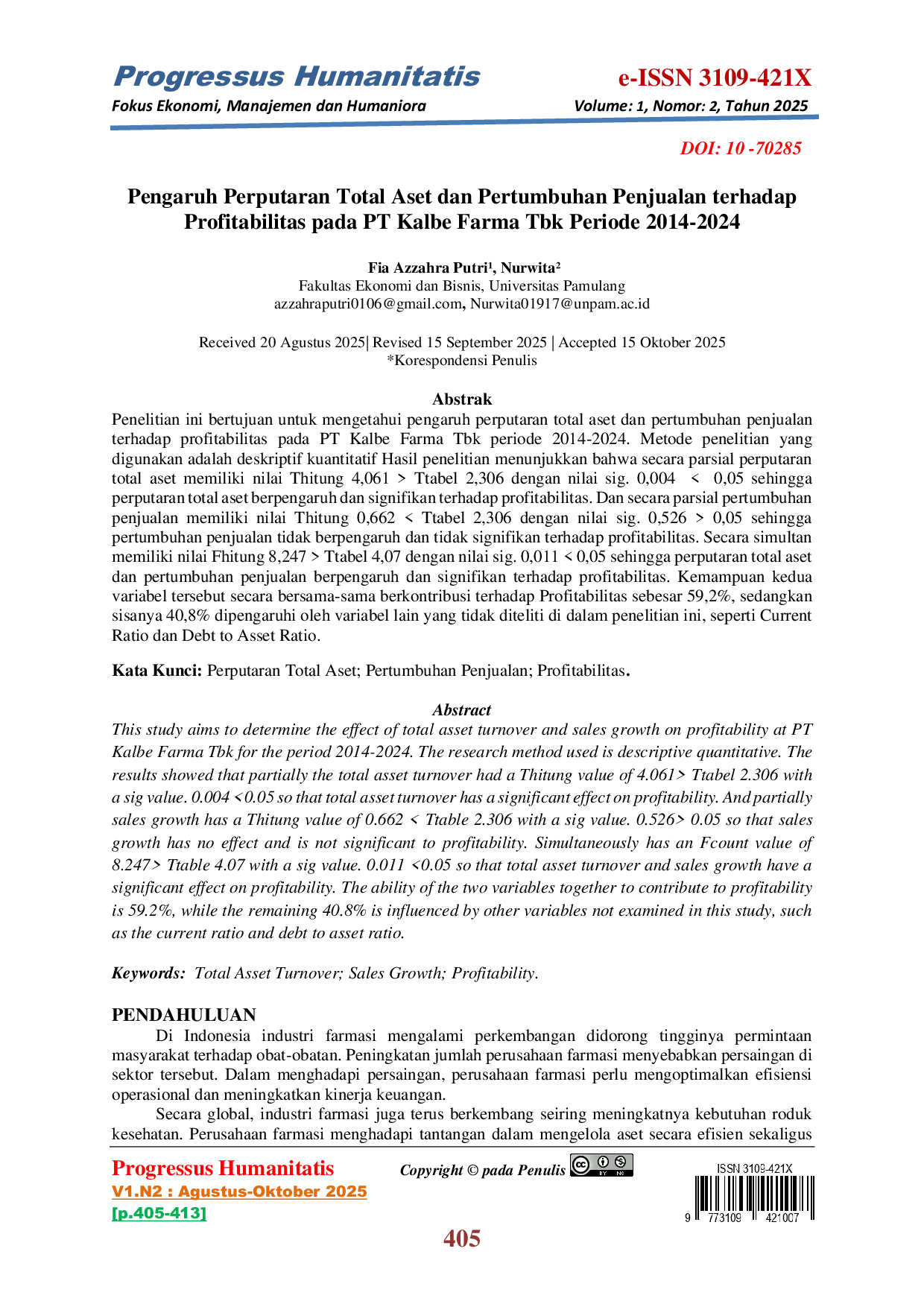 JURIS Pengaruh Perputaran Total Aset dan Pertumbuhan Penjualan terhadap Profitabilitas pada PT Kalbe Farma Tbk Periode 2014 2024