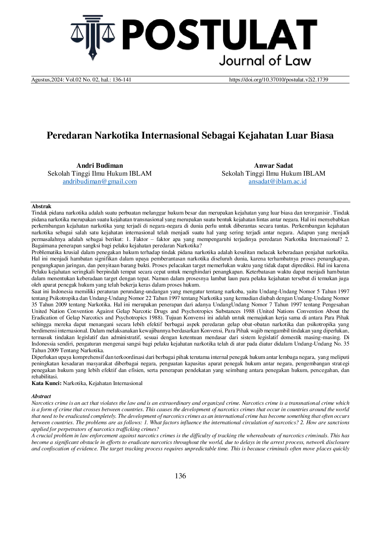 JURIS International Narcotics Trafficking as an Extraordinary Crime