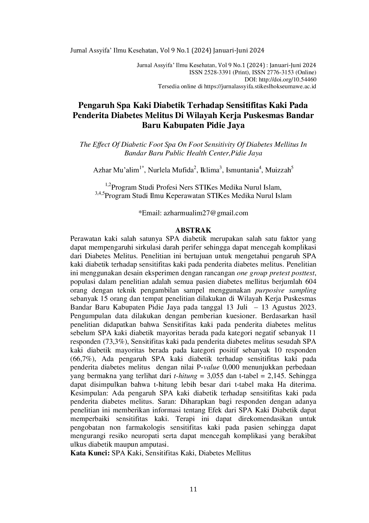 JURIS Pengaruh Spa Kaki Diabetik Terhadap Sensitifitas Kaki Pada Penderita Diabetes Melitus Di Wilayah Kerja Puskesmas Bandar Baru Kabupaten Pidie Jaya