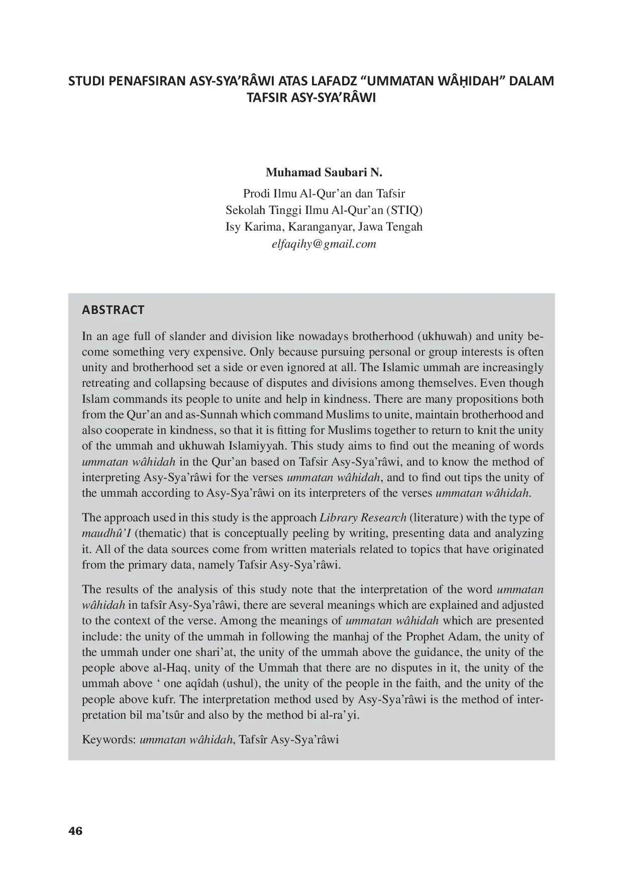 JURIS Studi Penafsiran Asy Sya rawi atas Lafadz Ummatan Wahidah