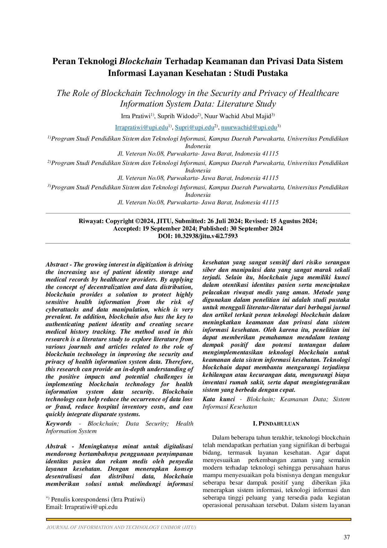JURIS The Role of Blockchain Technology in the Security and Privacy of Healthcare Information System Data Literature Study