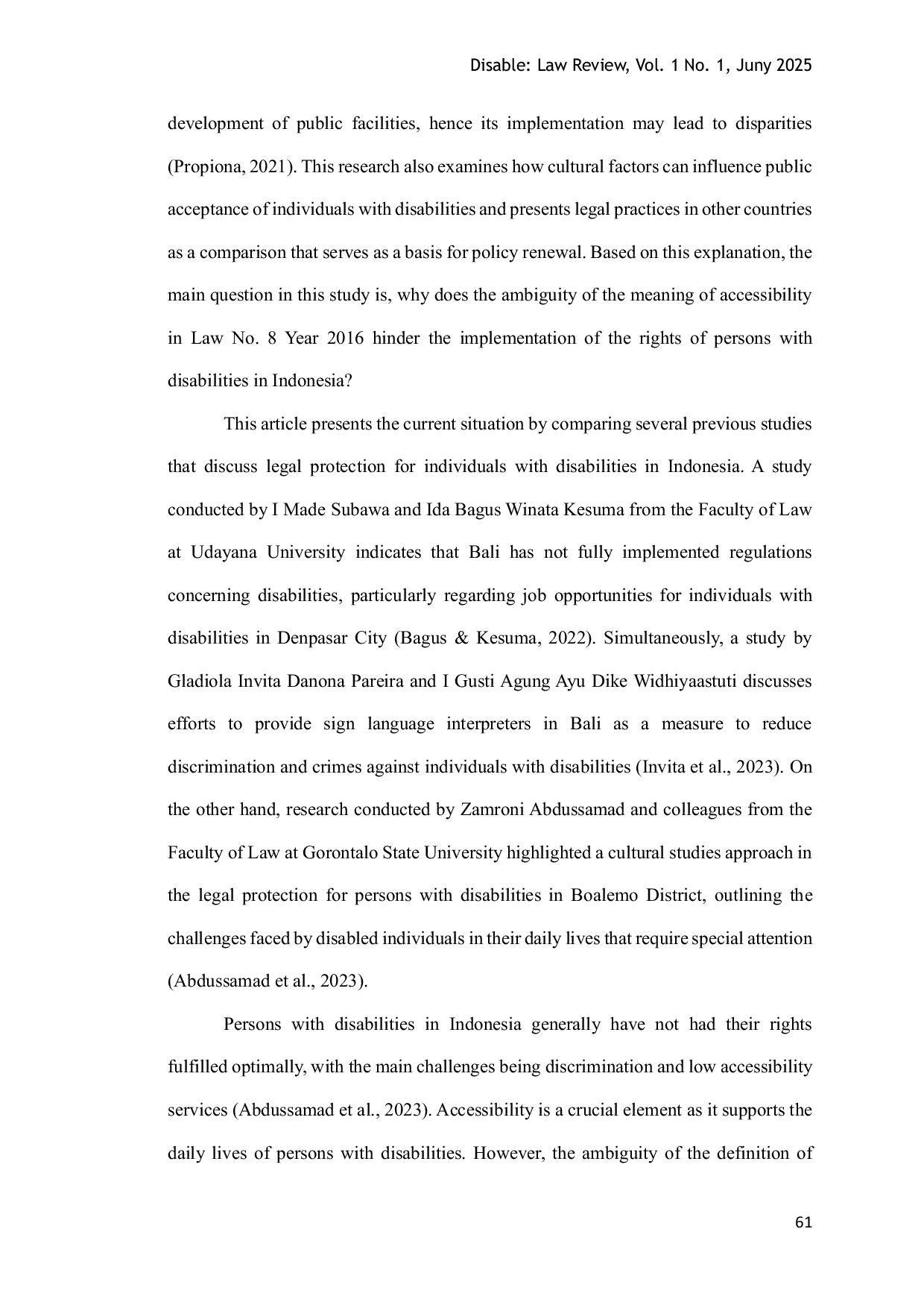 JURIS The Urgency of Formulating Clear Accessibility Norms for the Effectiveness of Fulfilling Disability Rights