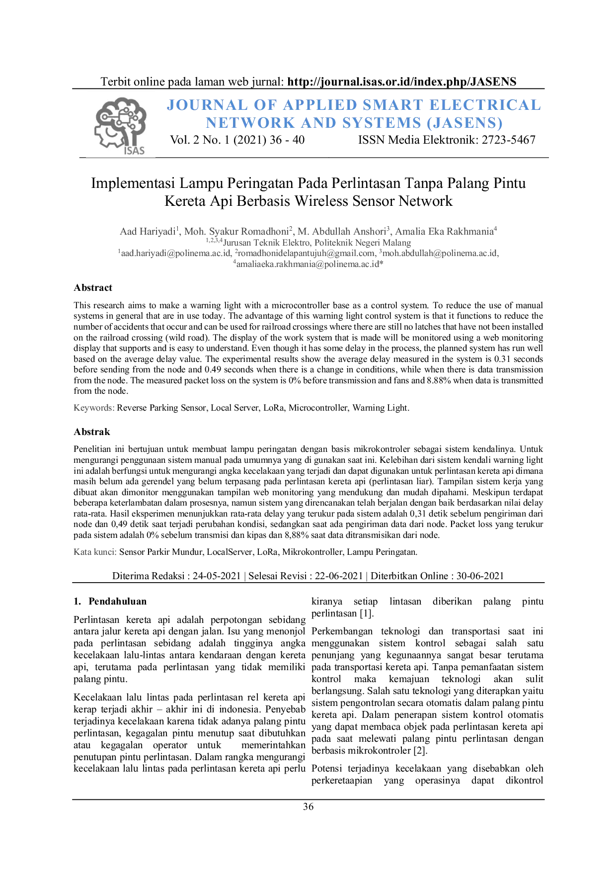 JURIS Implementasi Lampu Peringatan Pada Perlintasan Tanpa Palang Pintu Kereta Api Berbasis Mikrokontroler