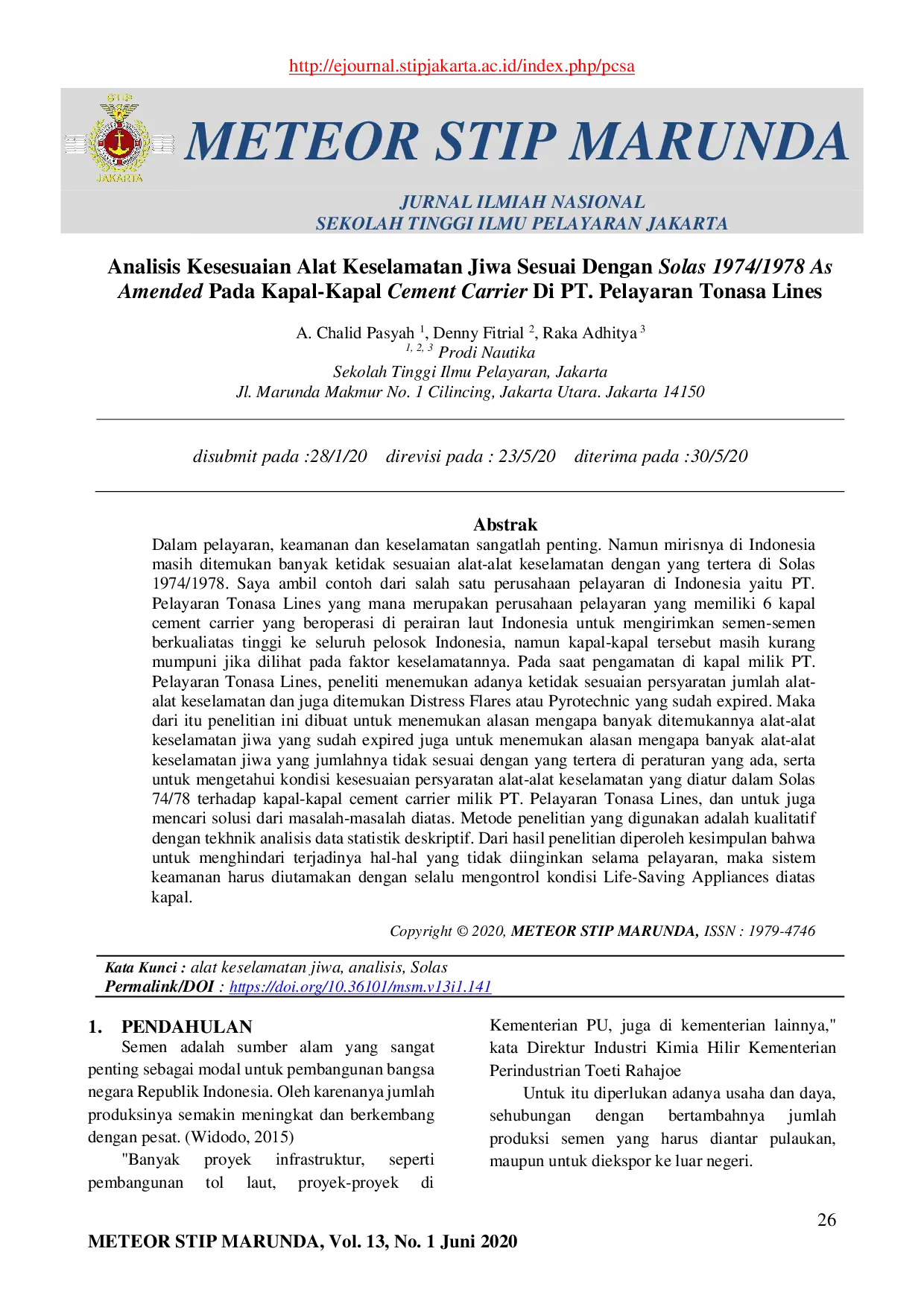 JURIS Analisis Kesesuaian Alat Keselamatan Jiwa Sesuai Dengan Solas 1974 1978 As Amended Pada Kapal Kapal Cement Carrier Di PT Pelayaran Tonasa Lines