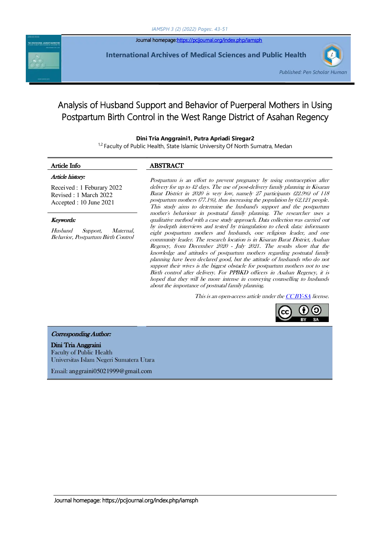JURIS Analysis of Husband Support and Behavior of Puerperal Mothers in Using Postpartum Birth Control in the West Range District of Asahan Regency