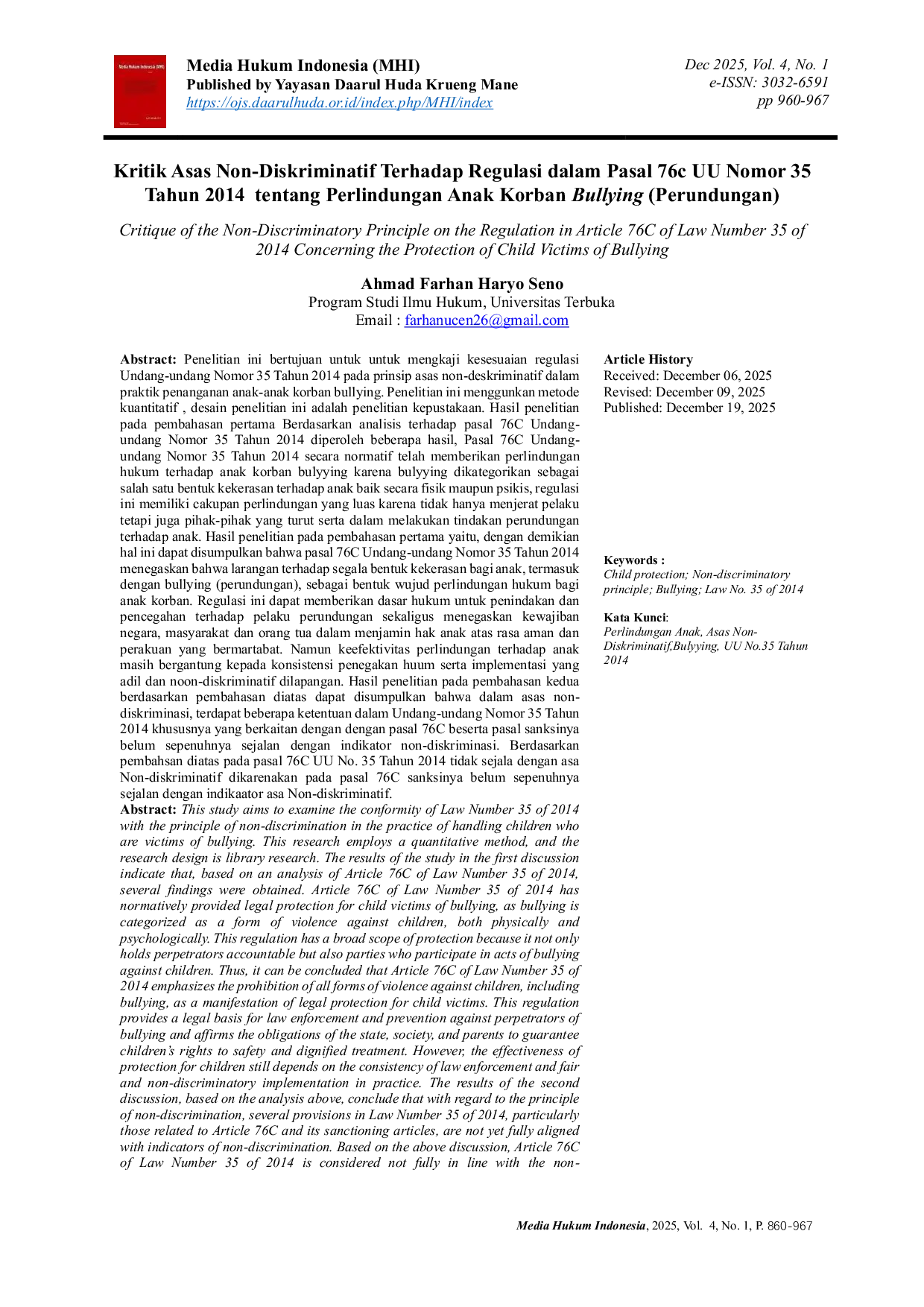JURIS Kritik Asas Non Diskriminatif Terhadap Regulasi dalam Pasal 76c UU Nomor 35 Tahun 2014 tentang Perlindungan Anak Korban Bullying Perundungan