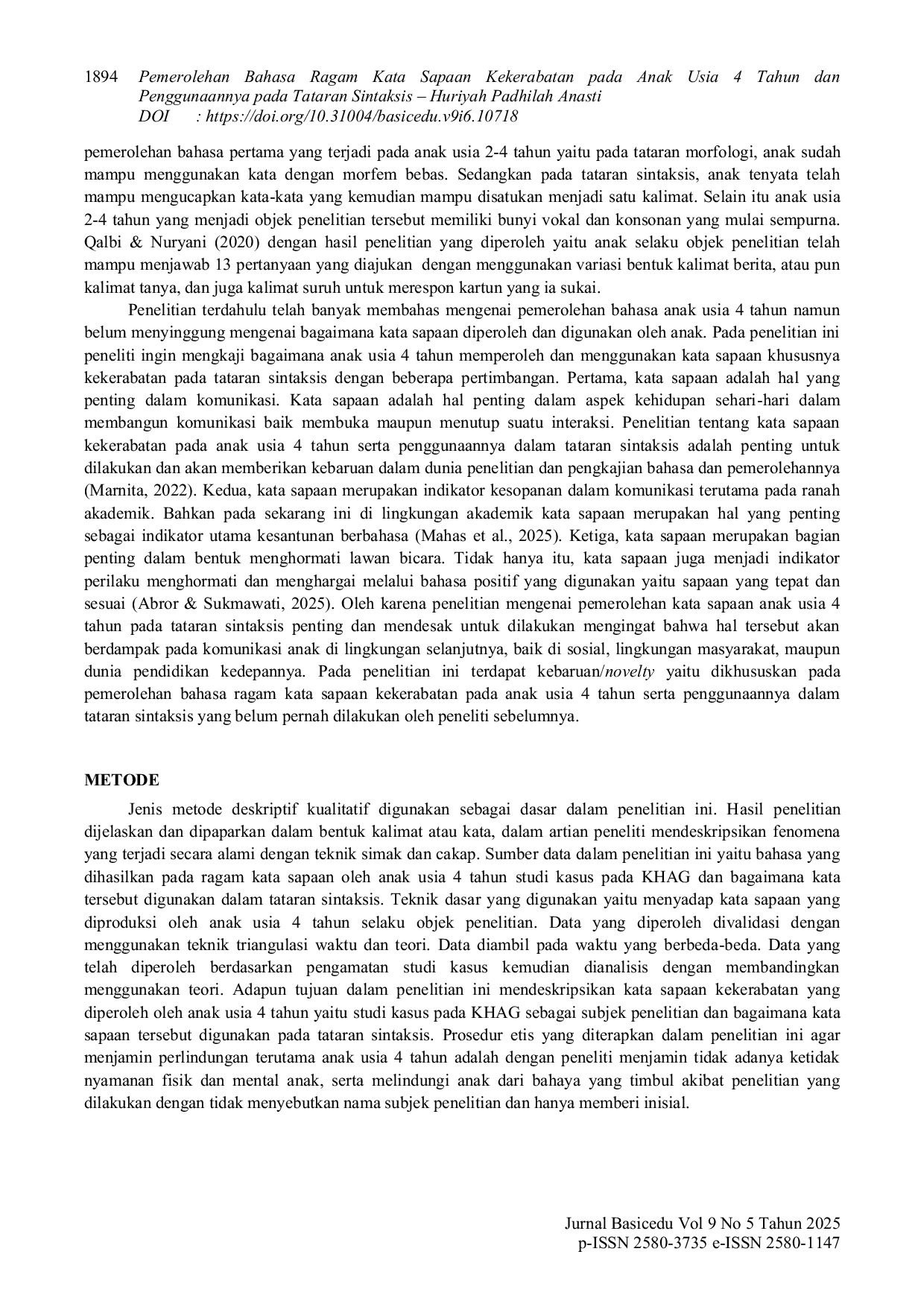 JURIS Pemerolehan Bahasa Ragam Kata Sapaan Kekerabatan pada Anak Usia 4 Tahun dan Penggunaannya pada Tataran Sintaksis