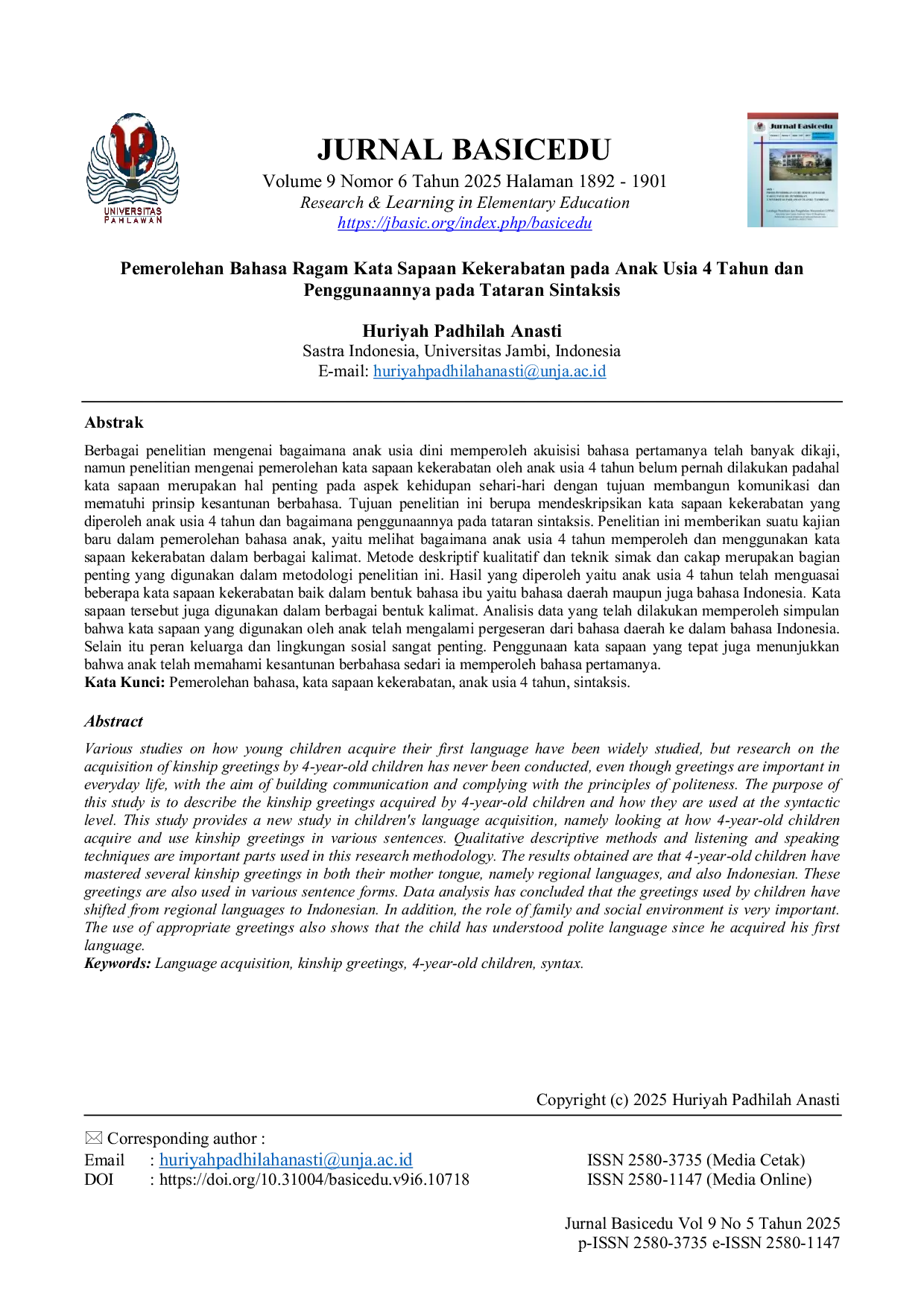 JURIS Pemerolehan Bahasa Ragam Kata Sapaan Kekerabatan pada Anak Usia 4 Tahun dan Penggunaannya pada Tataran Sintaksis
