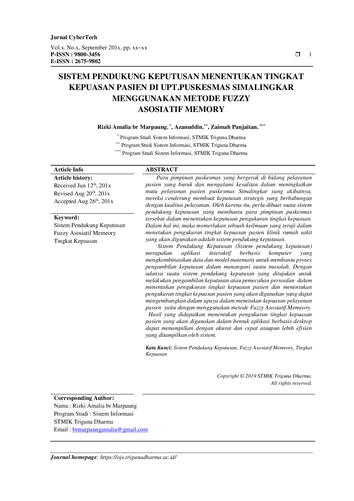 JURIS Sistem Pendukung Keputusan Menentukan Tingkat Kepuasan Pasien Di Upt puskesmas Simalingkar Menggunakan Metode Fuzzy Asosiatif Memory