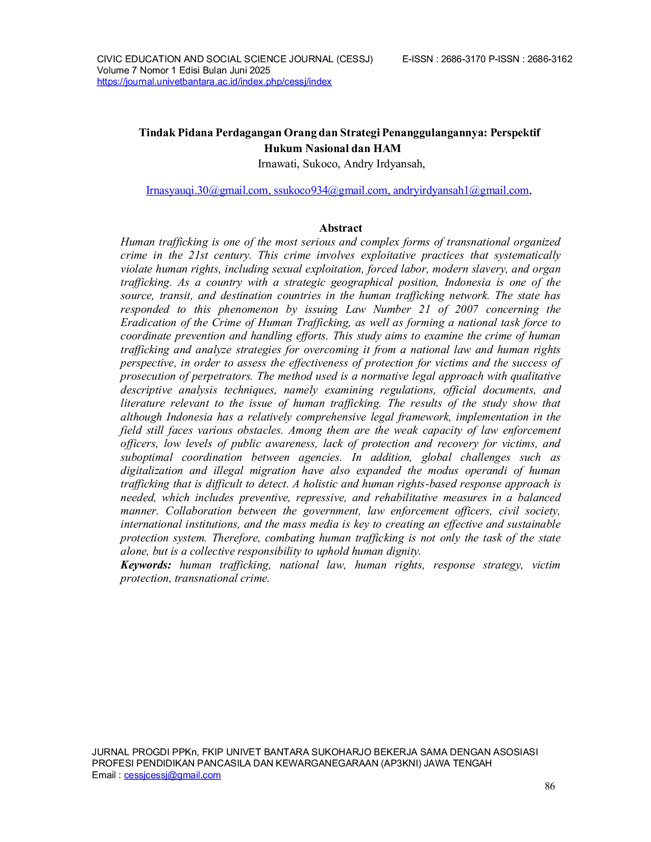JURIS Tindak Pidana Perdagangan Orang dan Strategi Penanggulangannya Perspektif Hukum Nasional dan HAM