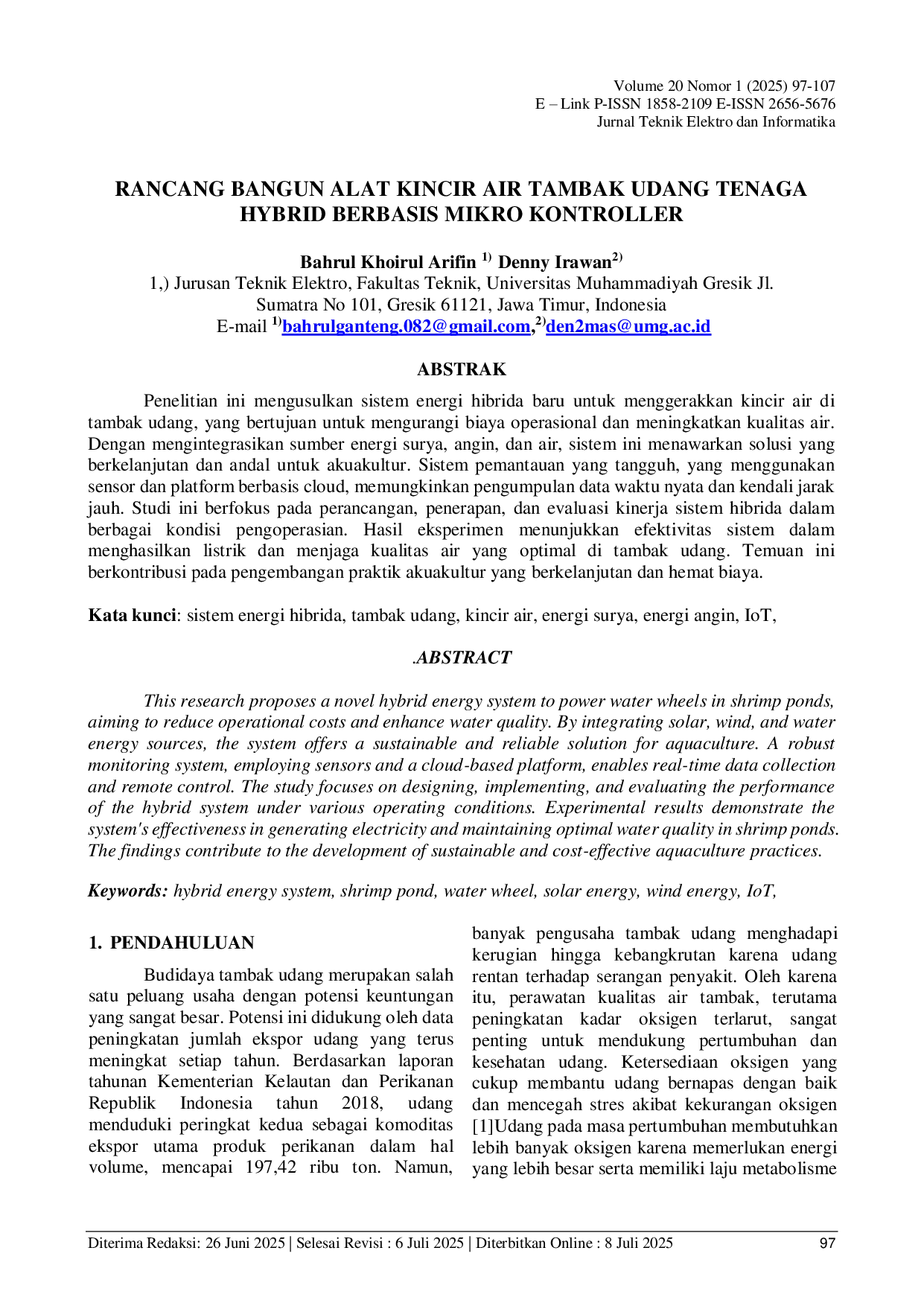 JURIS Rancang Bangun Alat Kincir Air Tambak Udang Tenaga Hybrid Berbasis Mikrokontroler
