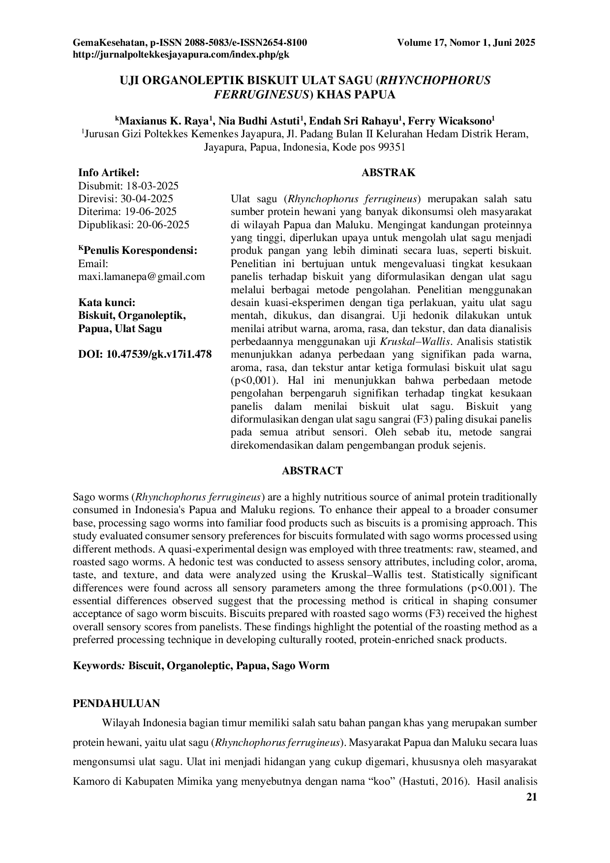 JURIS Uji Organoleptik Biskuit Ulat Sagu Rhynchophorus Ferrugineses Khas Papua