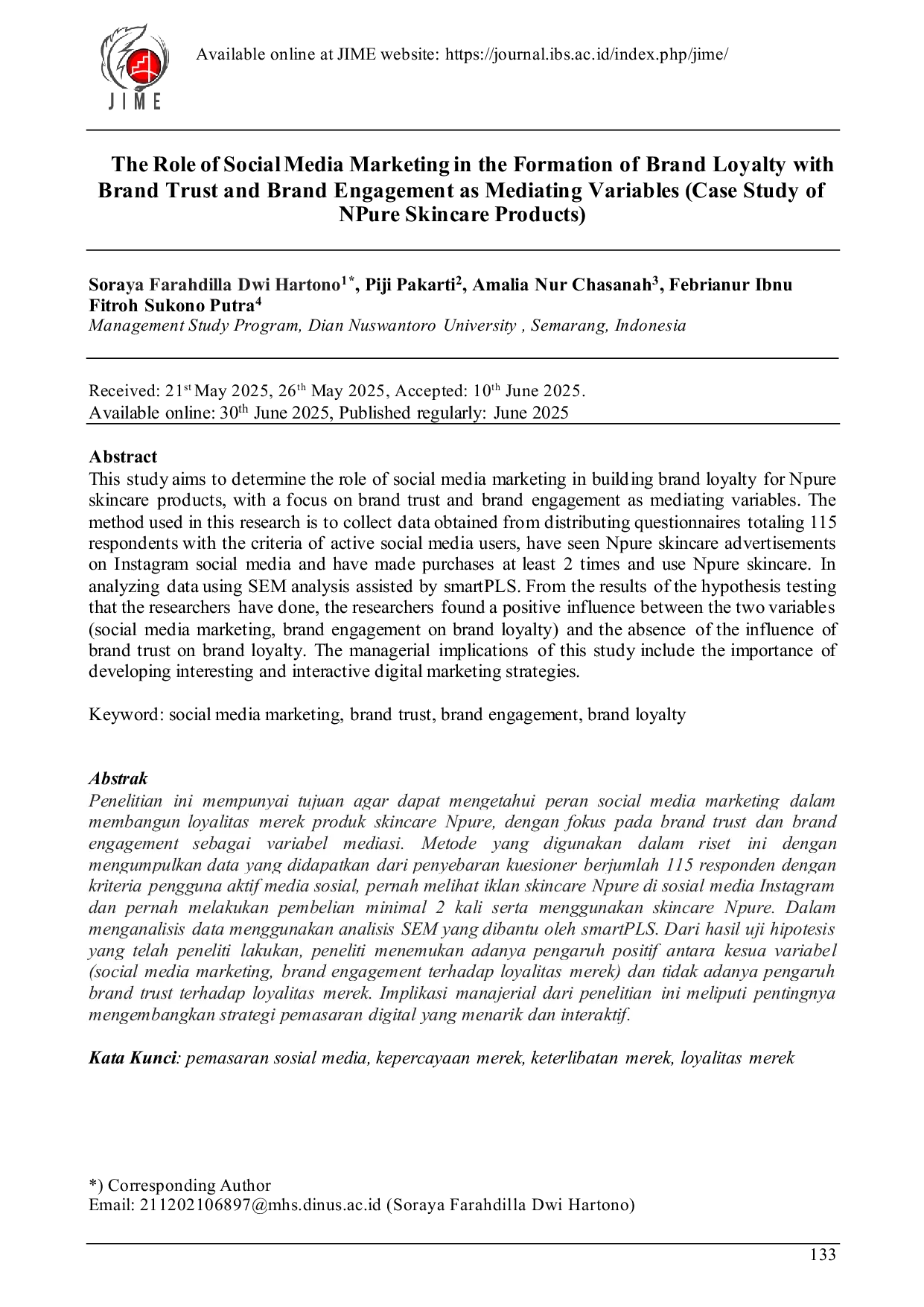 JURIS The Role of Social Media Marketing in the Formation of Brand Loyalty with Brand Trust and Brand Engagement as Mediating Variables Case Study of NPure Skincare Products