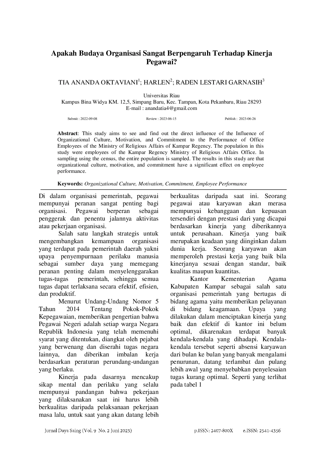 juris Apakah Budaya Organisasi Sangat Berpengaruh Terhadap Kinerja Pegawai