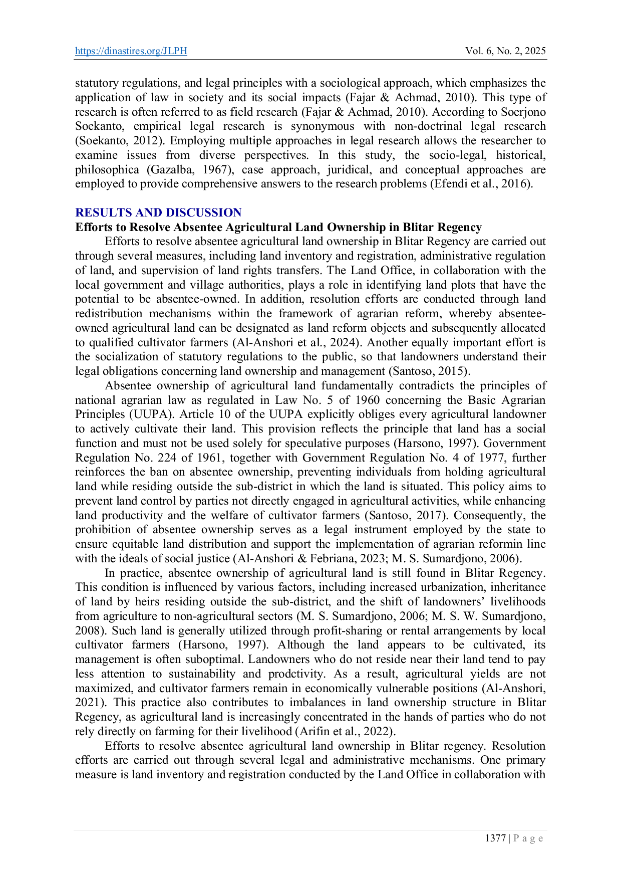 JURIS Efforts to Resolve Agricultural Land Ownership in Absentee Cases in Blitar Regency