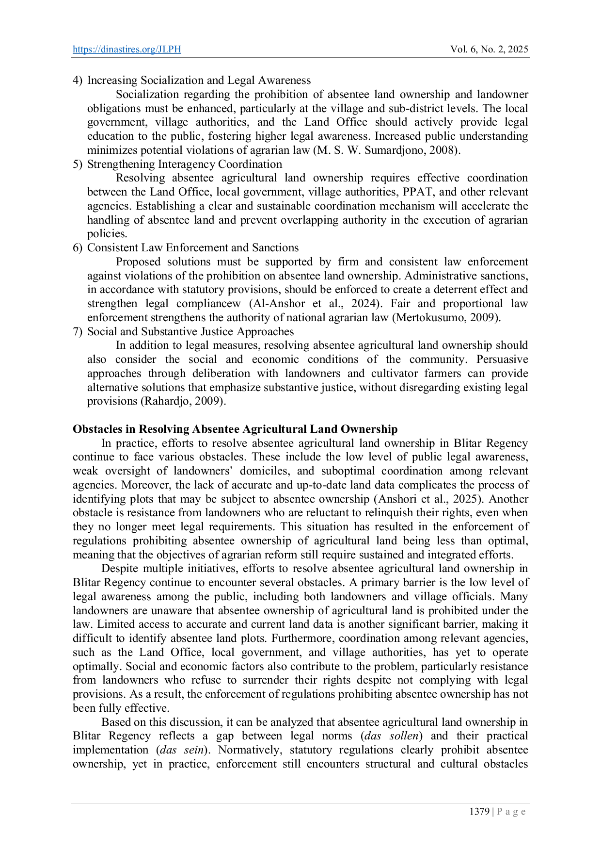 JURIS Efforts to Resolve Agricultural Land Ownership in Absentee Cases in Blitar Regency