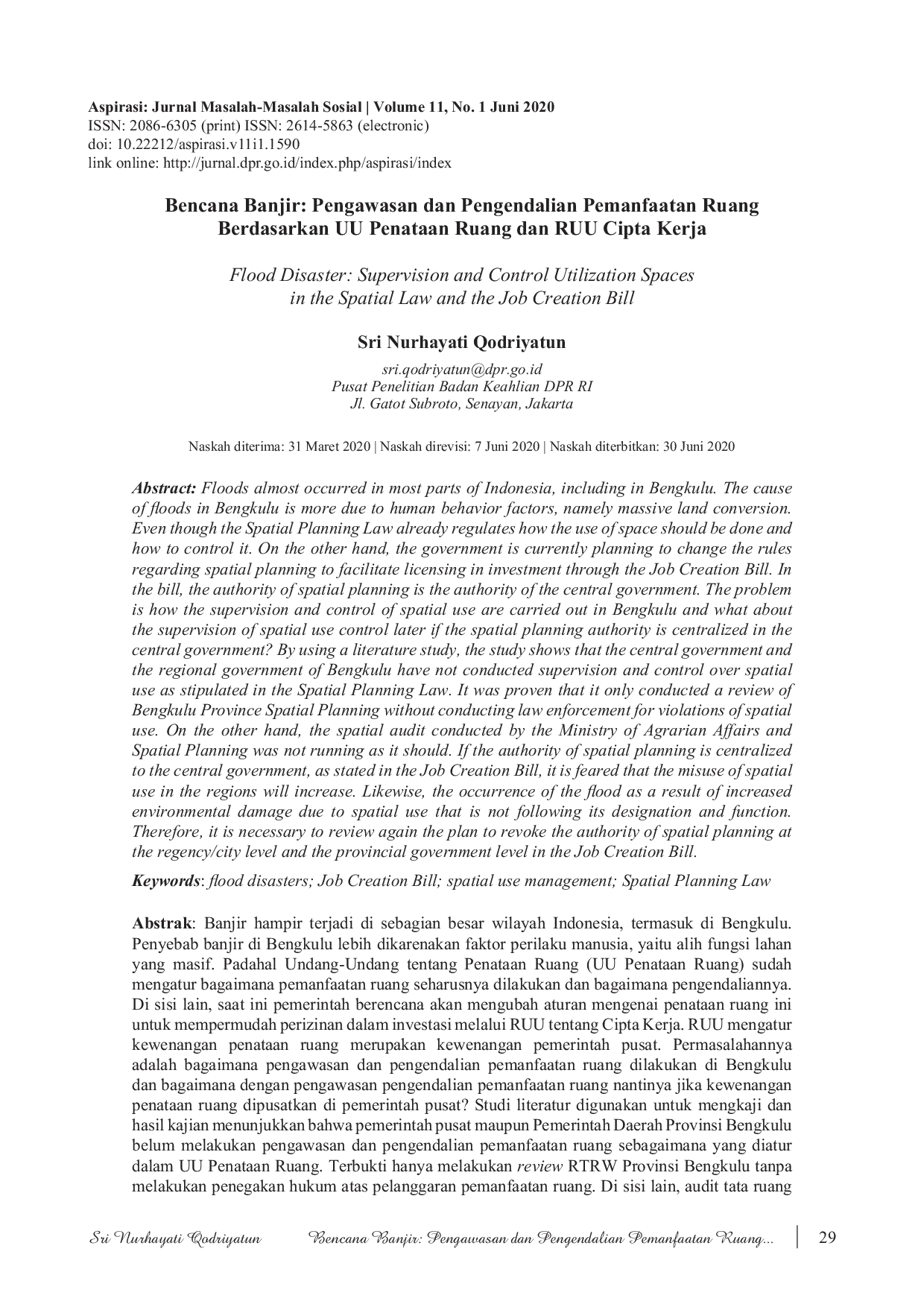 JURIS Bencana Banjir Pengawasan dan Pengendalian Pemanfaatan Ruang Berdasarkan UU Penataan Ruang dan RUU Cipta Kerja