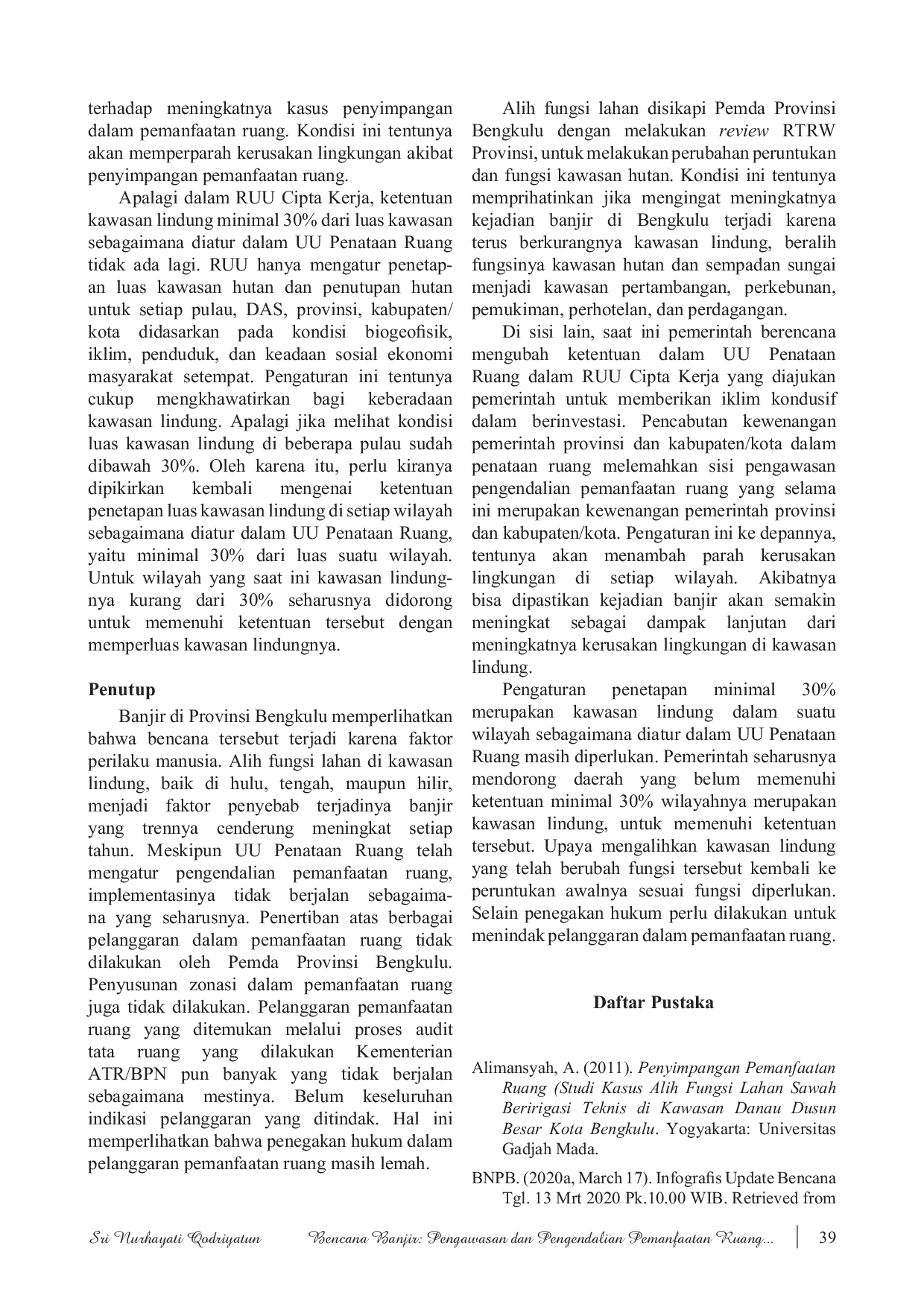 JURIS Bencana Banjir Pengawasan dan Pengendalian Pemanfaatan Ruang Berdasarkan UU Penataan Ruang dan RUU Cipta Kerja