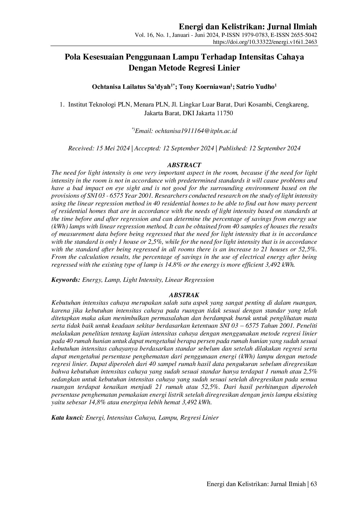JURIS Pola Kesesuaian Penggunaan Lampu Terhadap Intensitas Cahaya Dengan Metode Regresi Linier