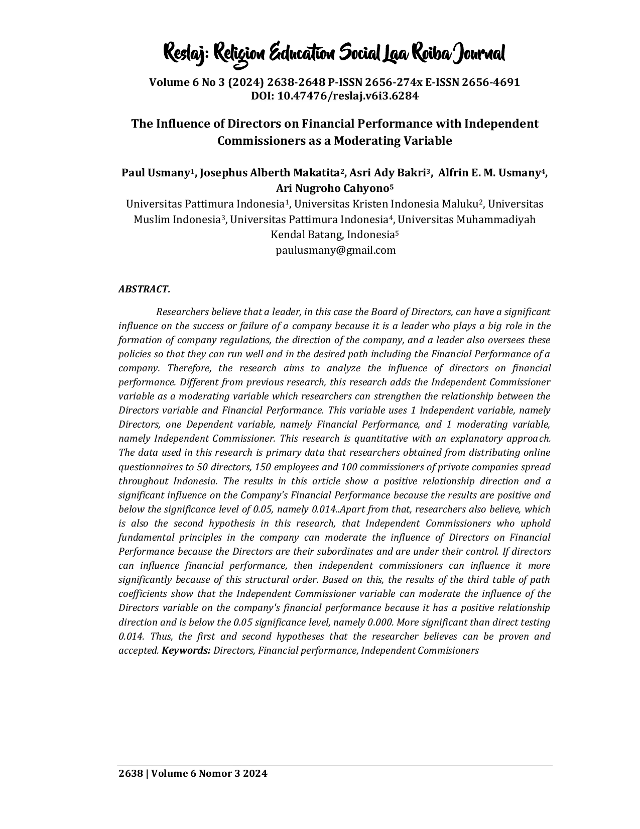 JURIS The Influence of Directors on Financial Performance with Independent Commissioners as a Moderating Variable