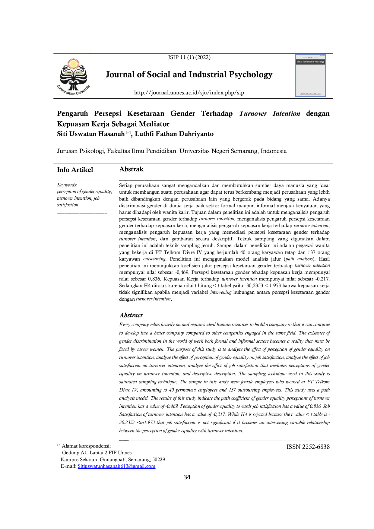 JURIS Pengaruh Persepsi Kesetaraan Gender Terhadap Turnover Intention dengan Kepuasan Kerja Sebagai Mediator