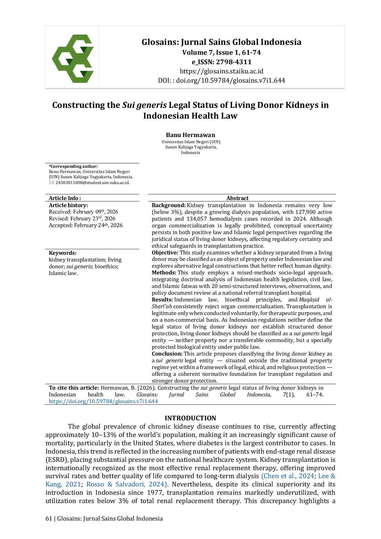 JURIS Hukum Agama dan Tubuh Manusia Polemik Status Sui Generis Ginjal Donor Hidup di Indonesia