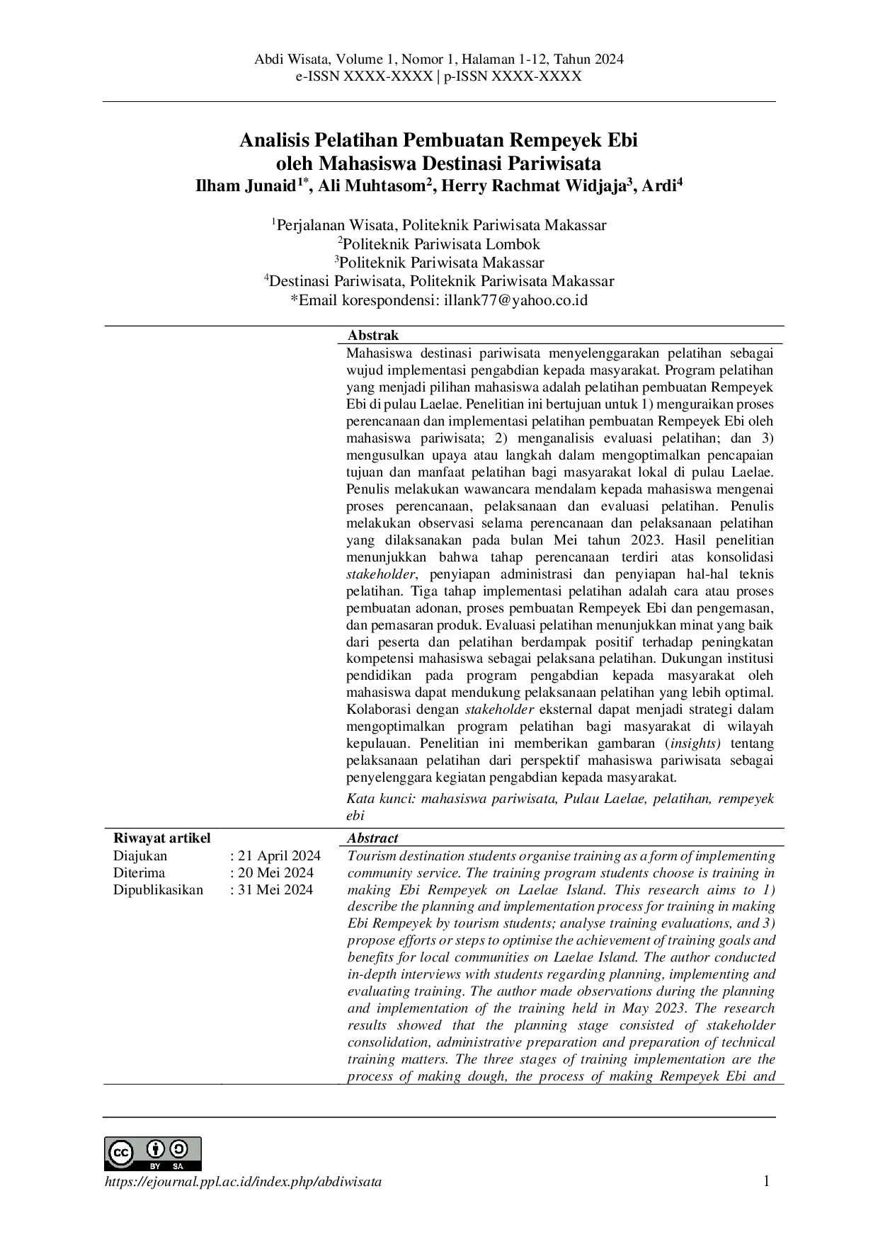 JURIS Analisis Pelatihan Pembuatan Rempeyek Ebi oleh Mahasiswa Destinasi Pariwisata