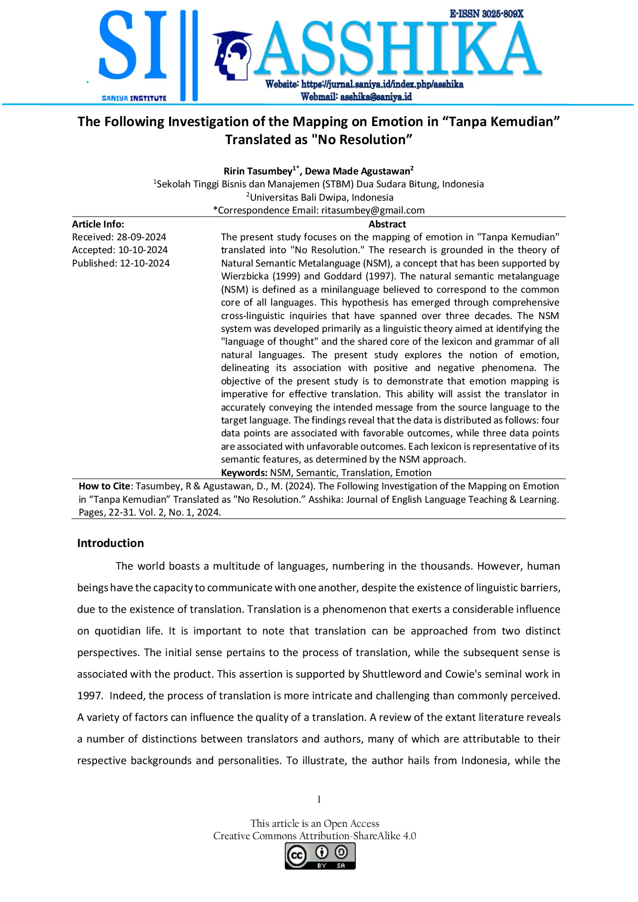JURIS The Following Investigation of the Mapping on Emotion in Tanpa Kemudian Translated as No Resolution