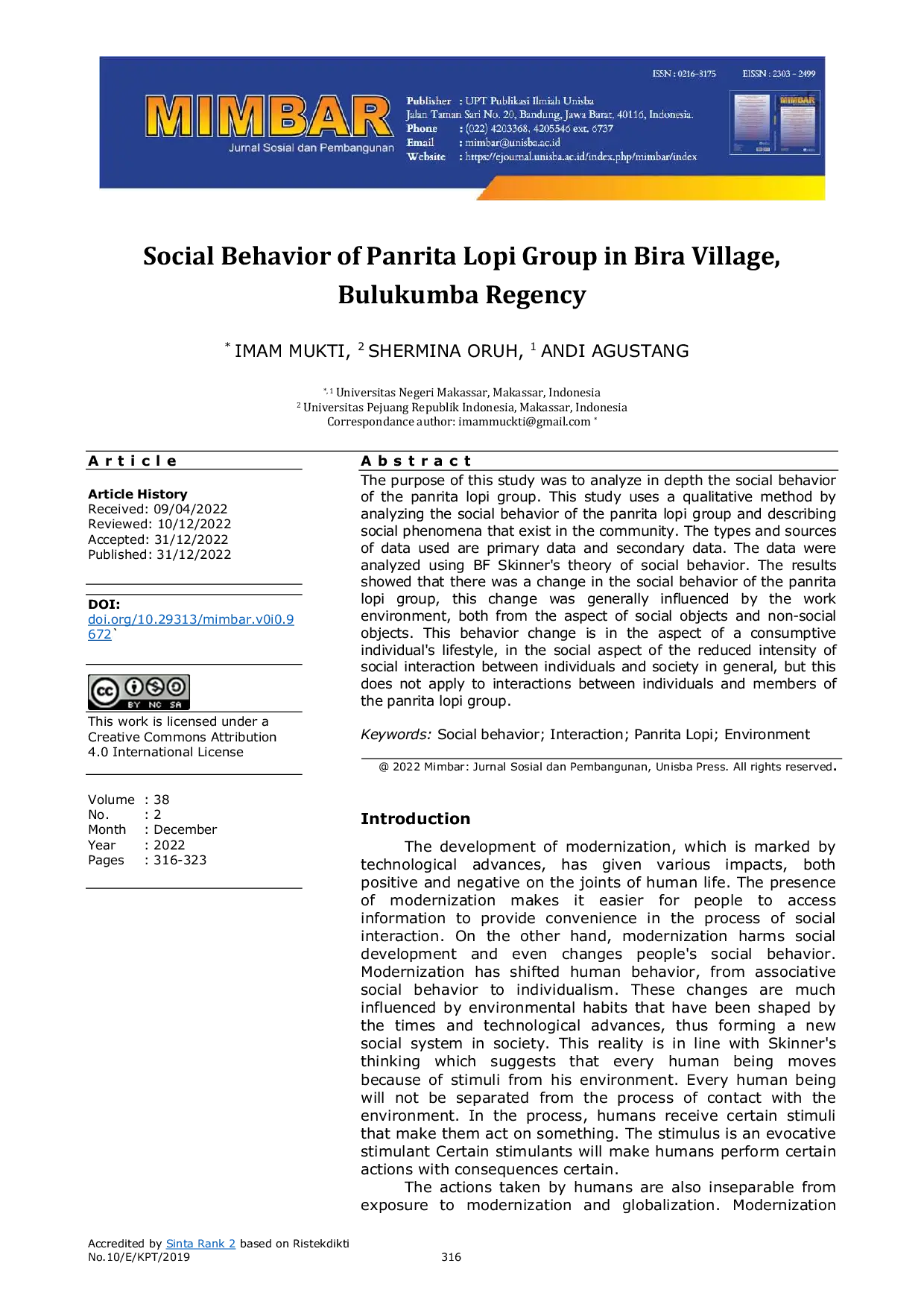 JURIS Social Behavior Of Panrita Lopi Group In Bira Village Bulukumba Regency