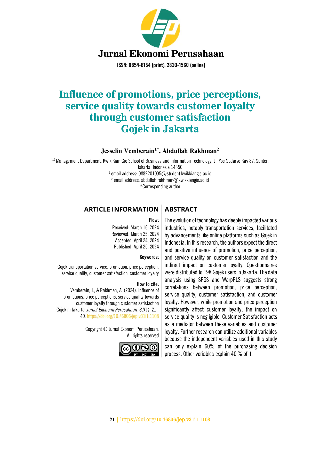 JURIS Influence of promotions price perceptions service quality towards customer loyalty through customer satisfaction Gojek in Jakarta